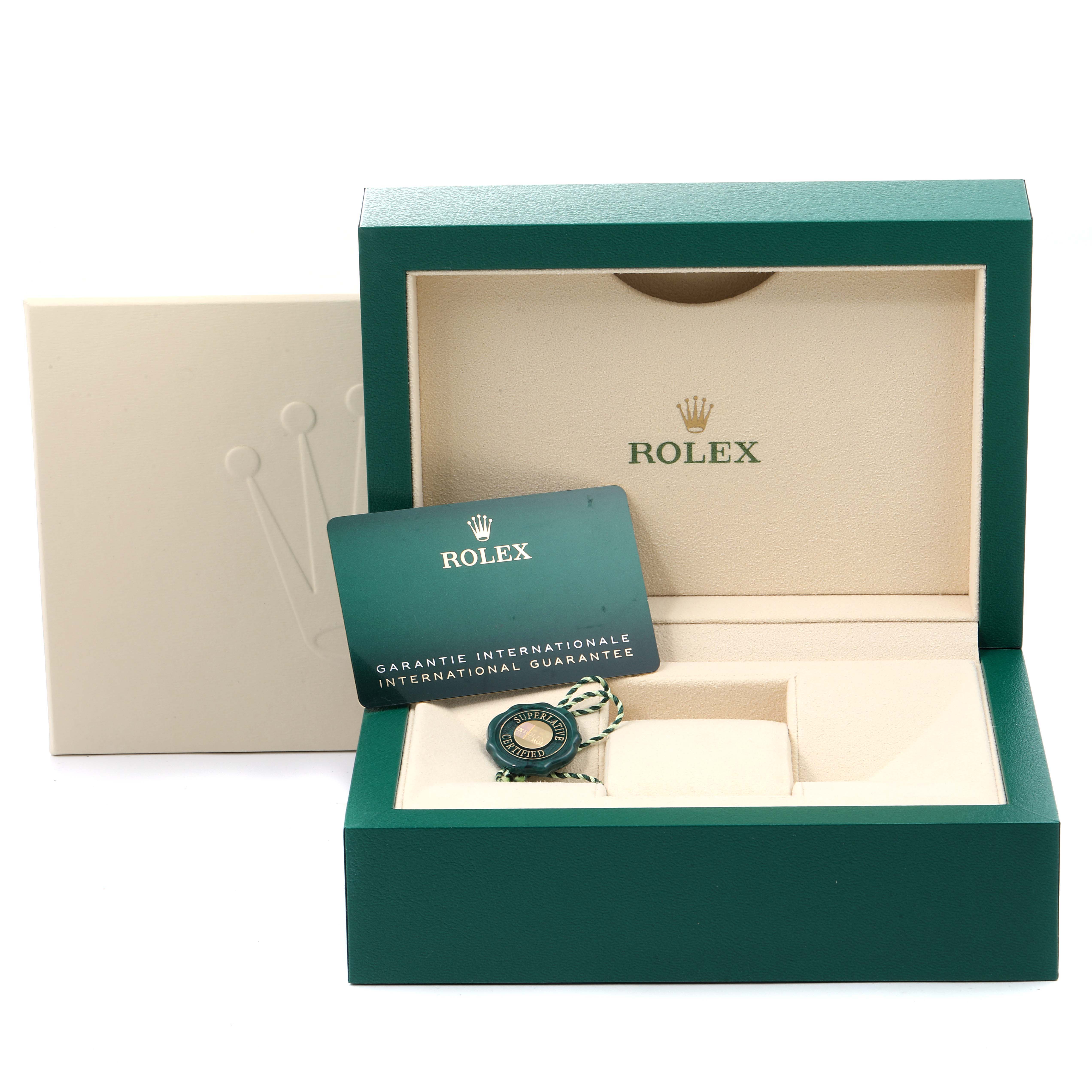 The image shows the packaging box with a guarantee card and a tag for a Rolex Submariner 126610LV Men's Stainless Steel Black Dial 126610LV Men's Stainless Steel Black Dial model watch.