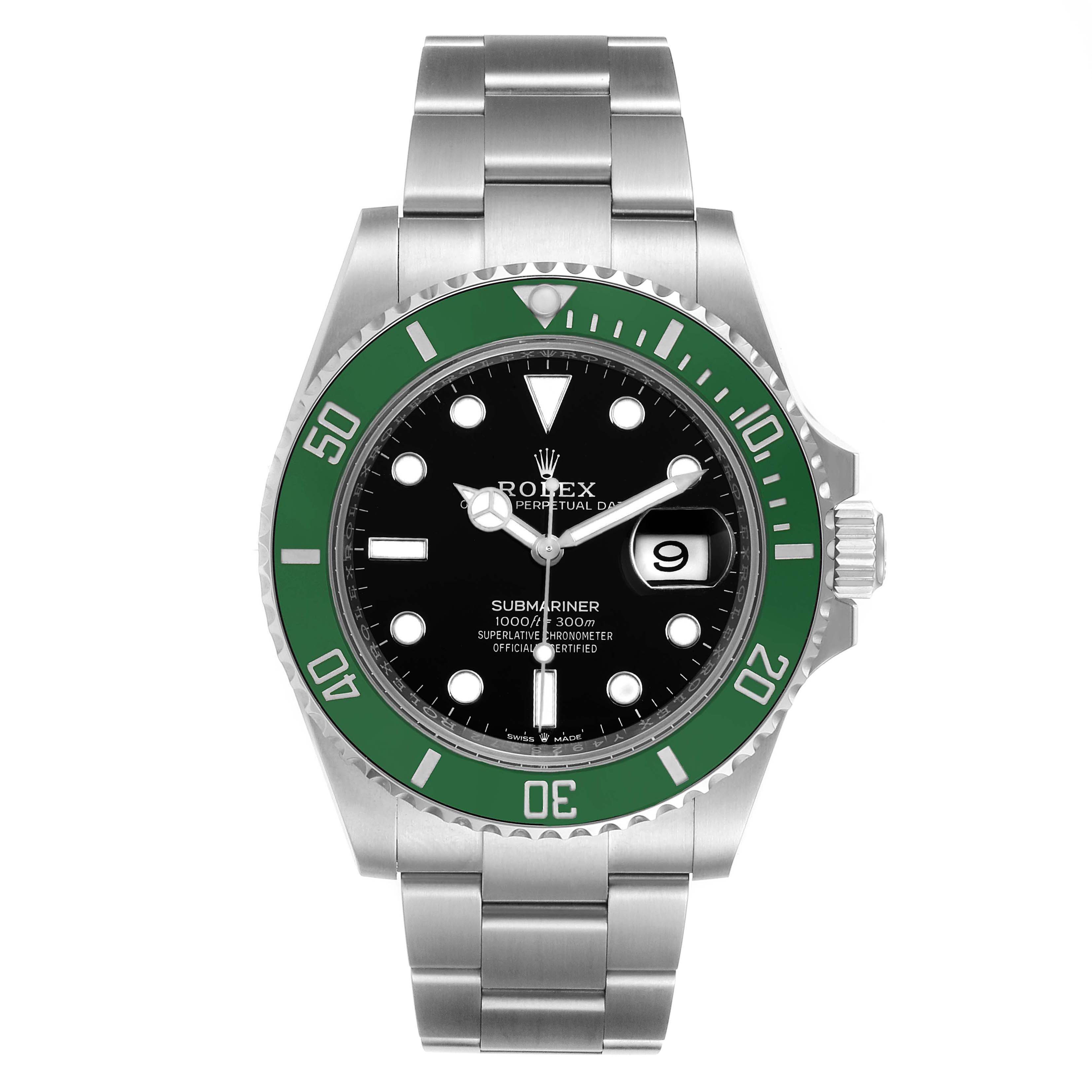 This Rolex Submariner 126610LV Men's Stainless Steel Black Dial 126610LV Men's Stainless Steel Black Dial watch is shown from the front, displaying its face, bezel, and bracelet.
