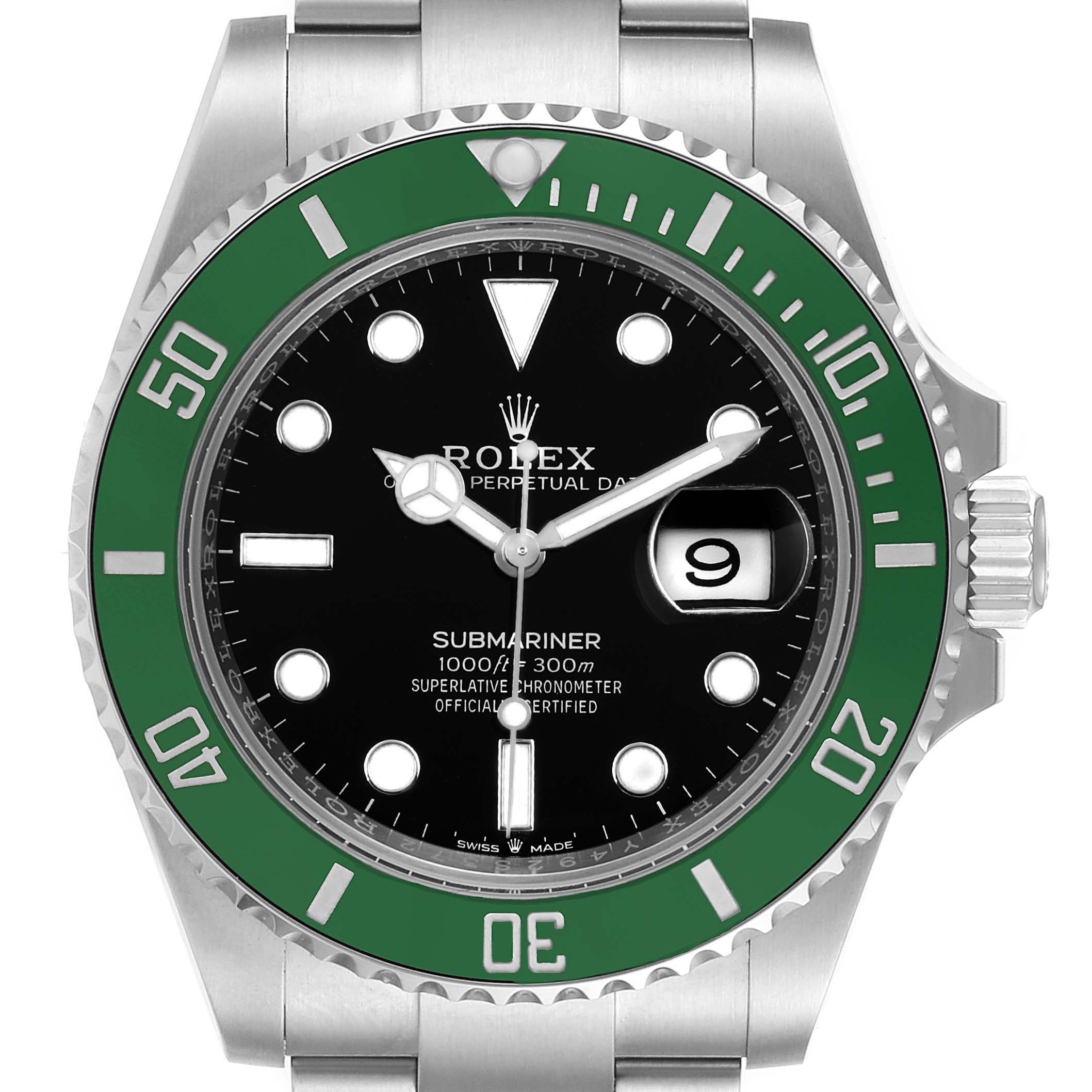 The image shows a front view of the Rolex Submariner 126610LV Men's Stainless Steel Black Dial 126610LV Men's Stainless Steel Black Dial watch, highlighting the green bezel, black dial, and date window.