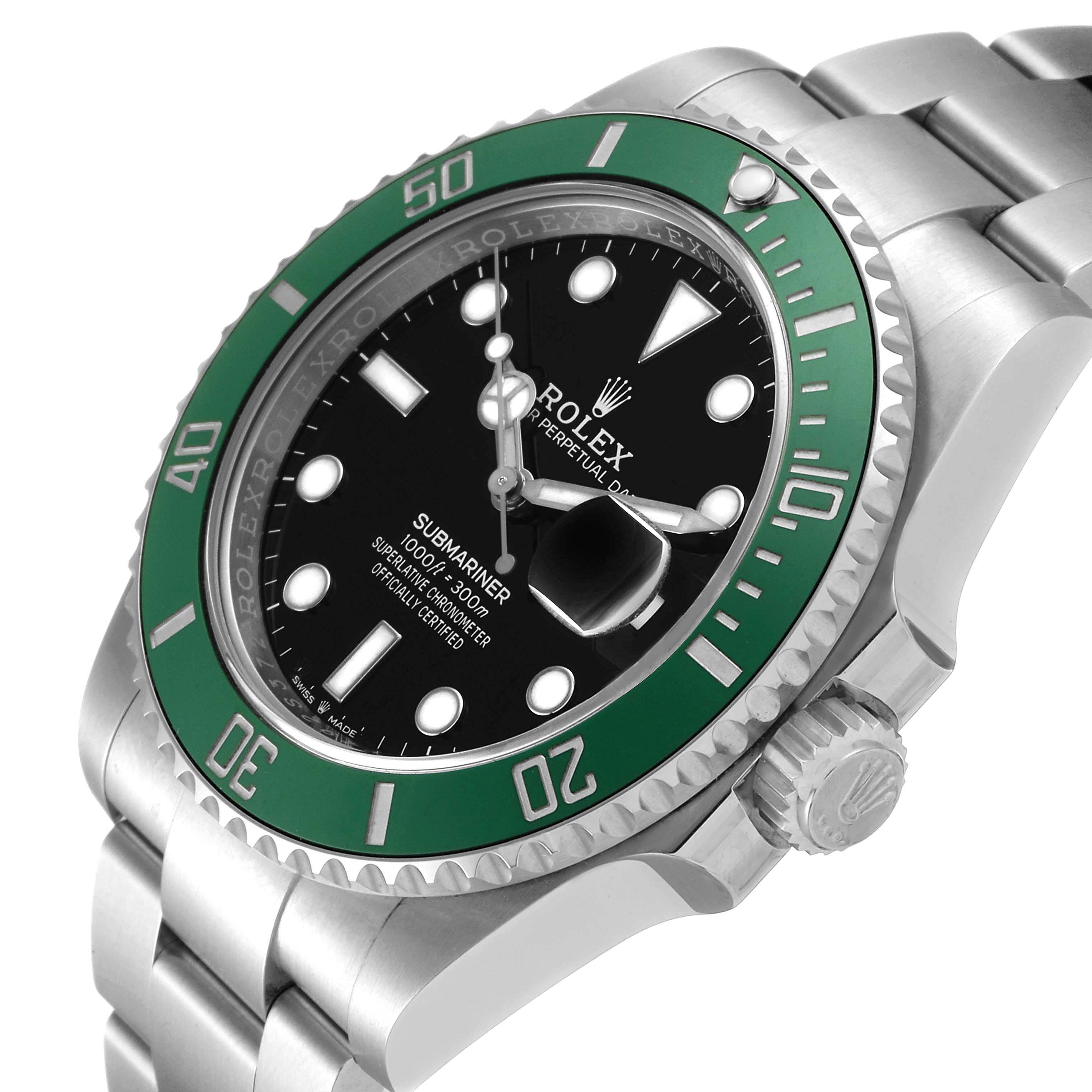The Rolex Submariner 126610LV Men's Stainless Steel Black Dial 126610LV Men's Stainless Steel Black Dial watch is shown at an angled perspective highlighting its green bezel, black dial, and bracelet.