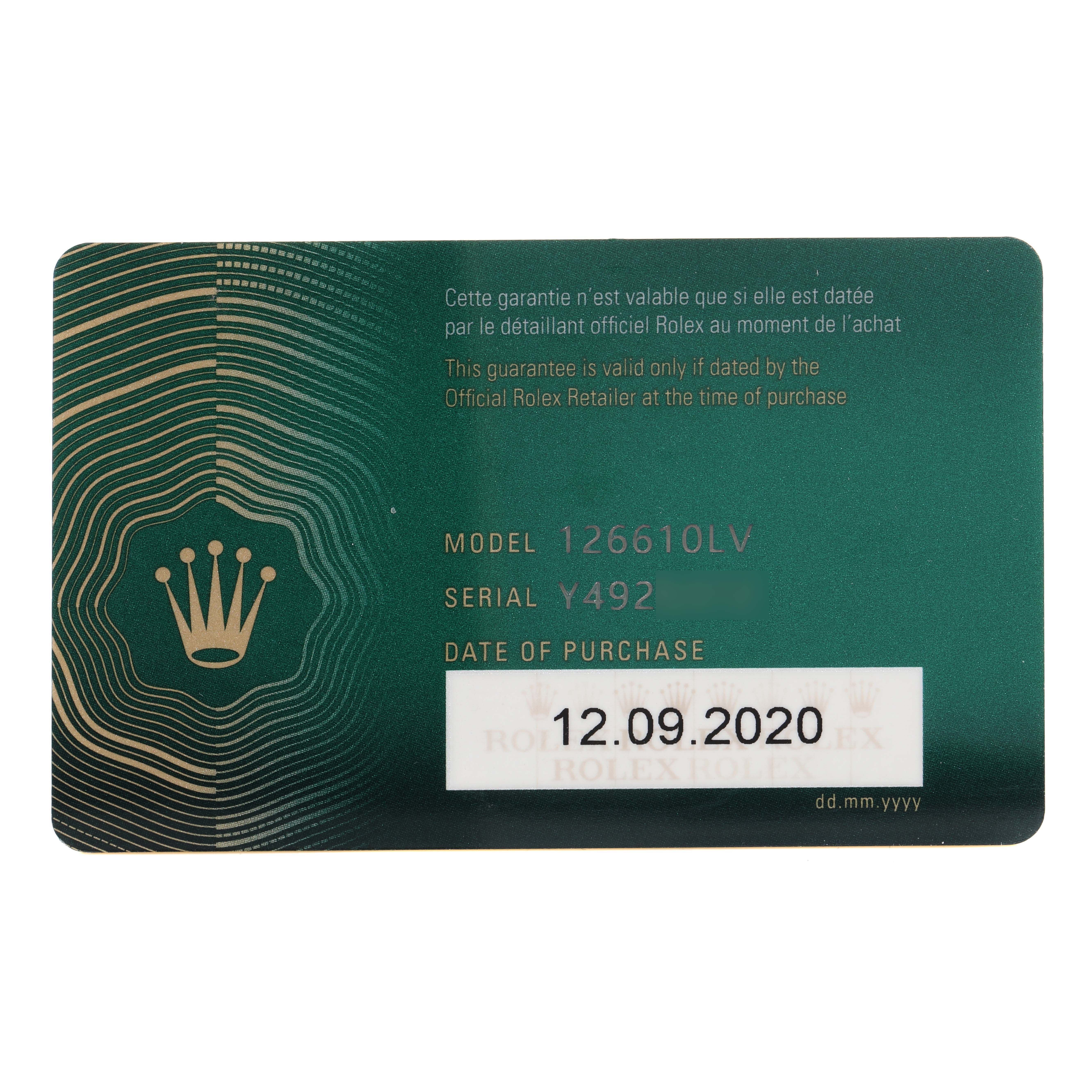 The image shows the warranty card for the Rolex Submariner 126610LV Men's Stainless Steel Black Dial 126610LV Men's Stainless Steel Black Dial model 126610LV, displaying the serial number and date of purchase.