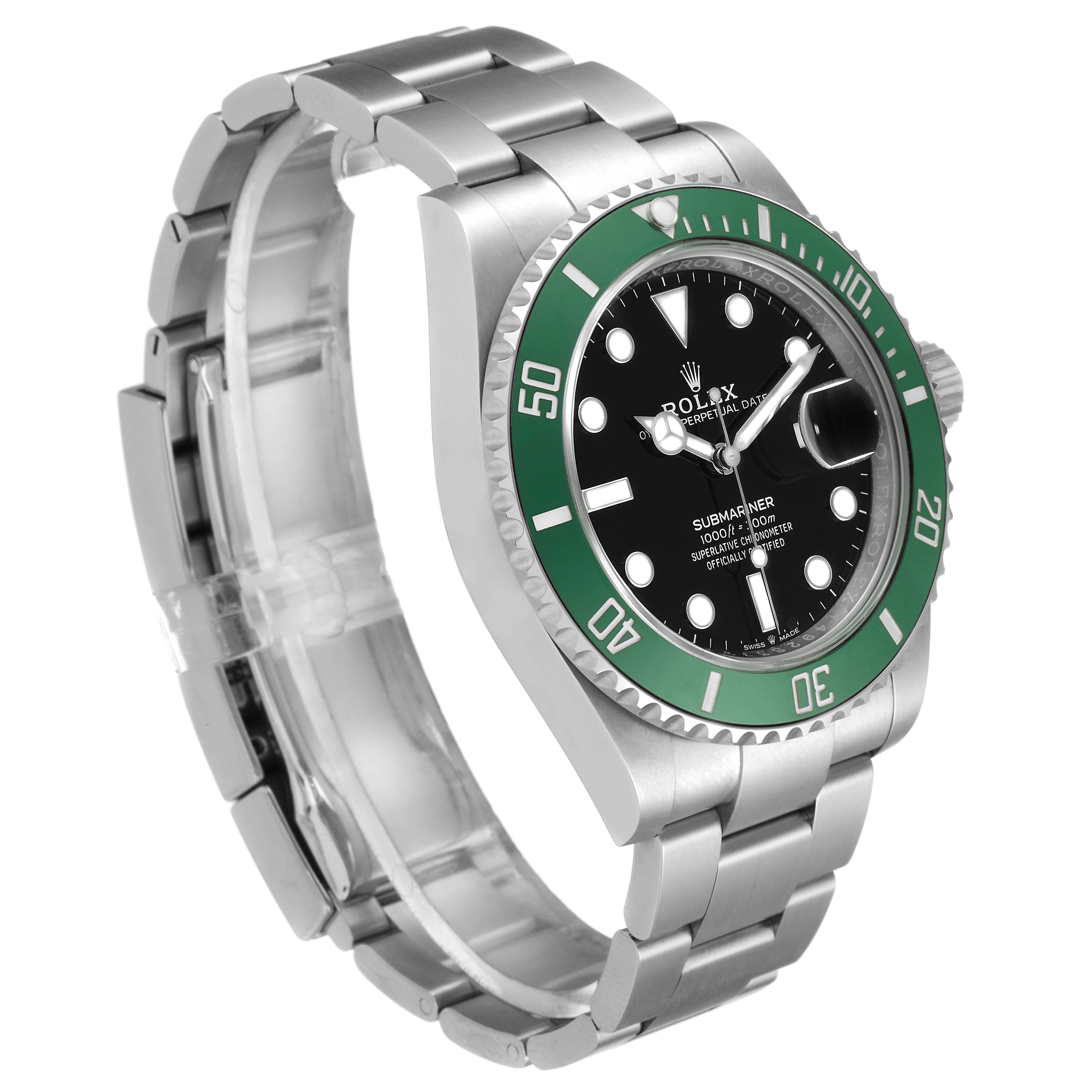 The image shows a left-side angle of a Rolex Submariner 126610LV Men's Stainless Steel Black Dial 126610LV Men's Stainless Steel Black Dial watch, highlighting its green bezel, black dial, and stainless steel bracelet.