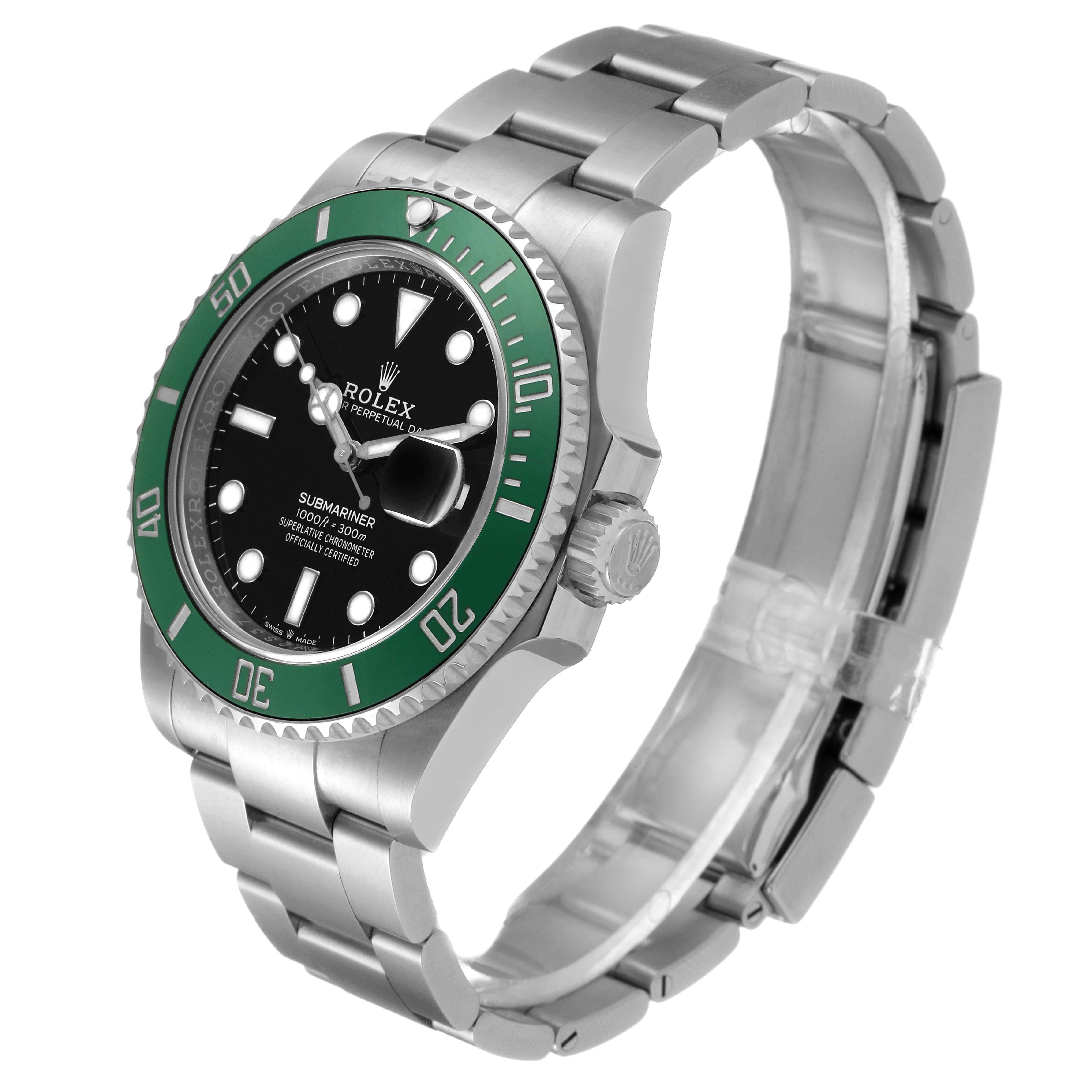 The Rolex Submariner 126610LV Men's Stainless Steel Black Dial 126610LV Men's Stainless Steel Black Dial watch is shown from a front-left angle, highlighting its green bezel, black dial, and metal bracelet.
