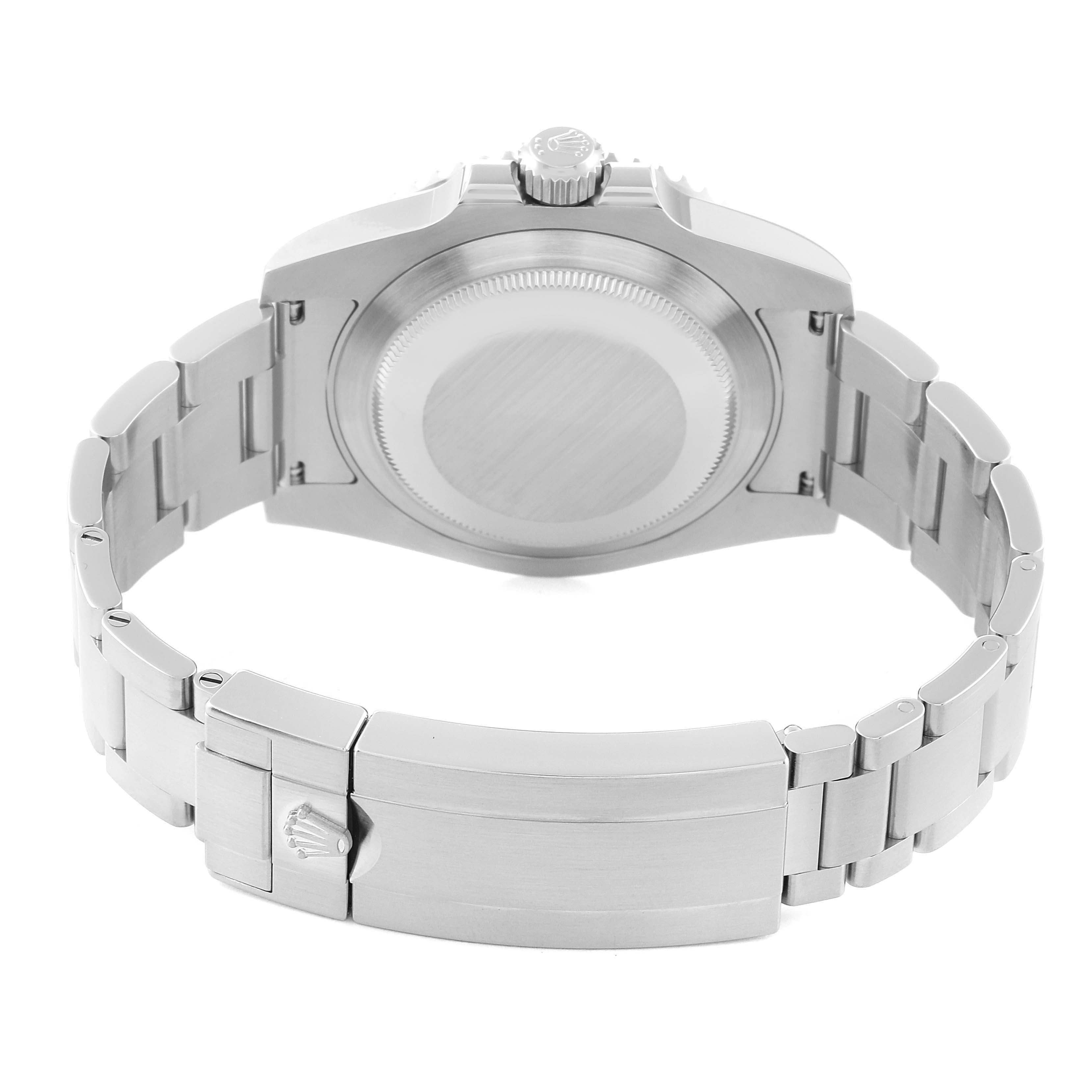 The image shows the back case and bracelet clasp of a Rolex Submariner 116610LV Men
s Stainless Steel Green Dial 116610LV Men
s Stainless Steel Green Dial watch, with the view focused on its stainless steel elements.