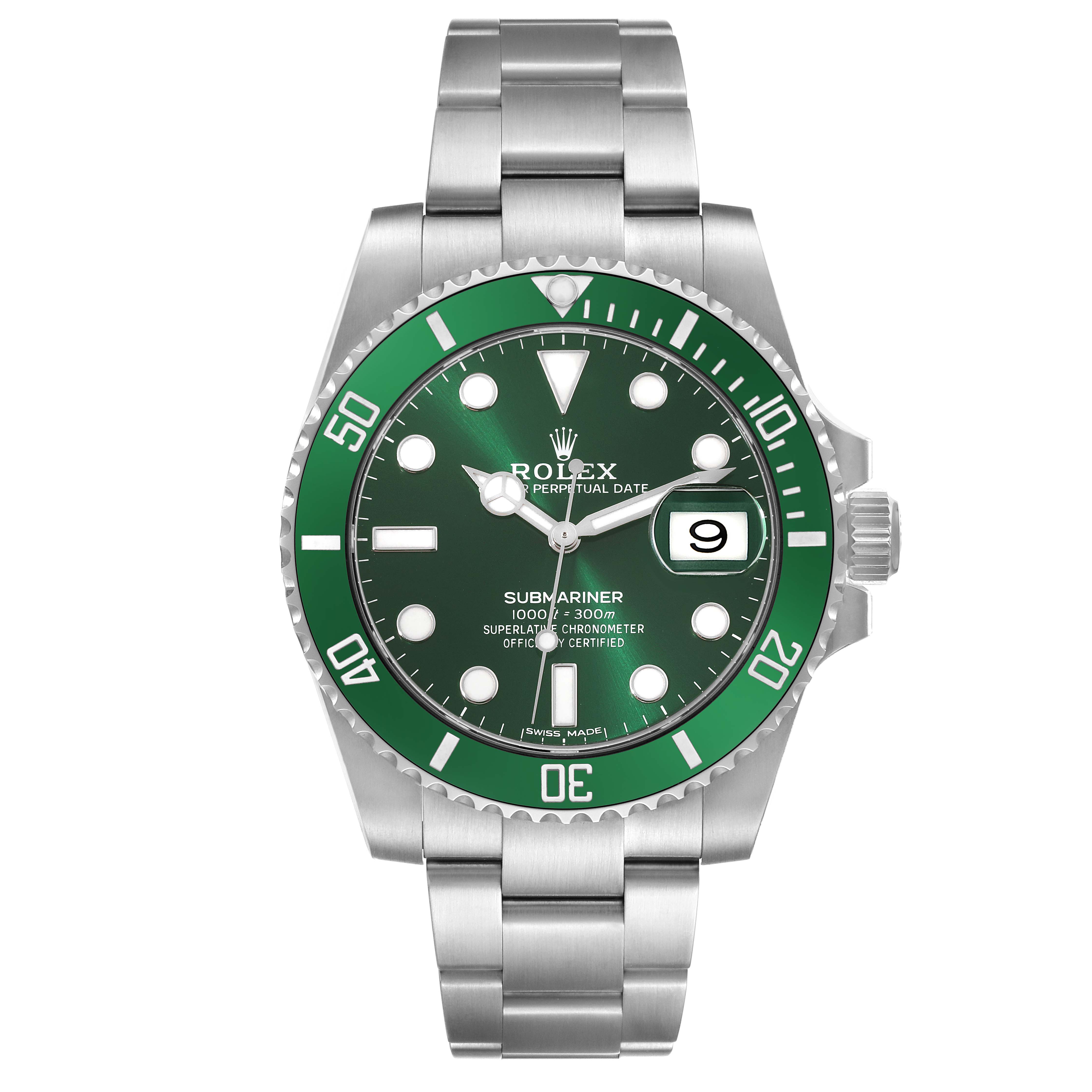 The image shows a Rolex Submariner 116610LV Men
s Stainless Steel Green Dial 116610LV Men
s Stainless Steel Green Dial watch with a green bezel, dial, and a stainless steel bracelet from a front angle.