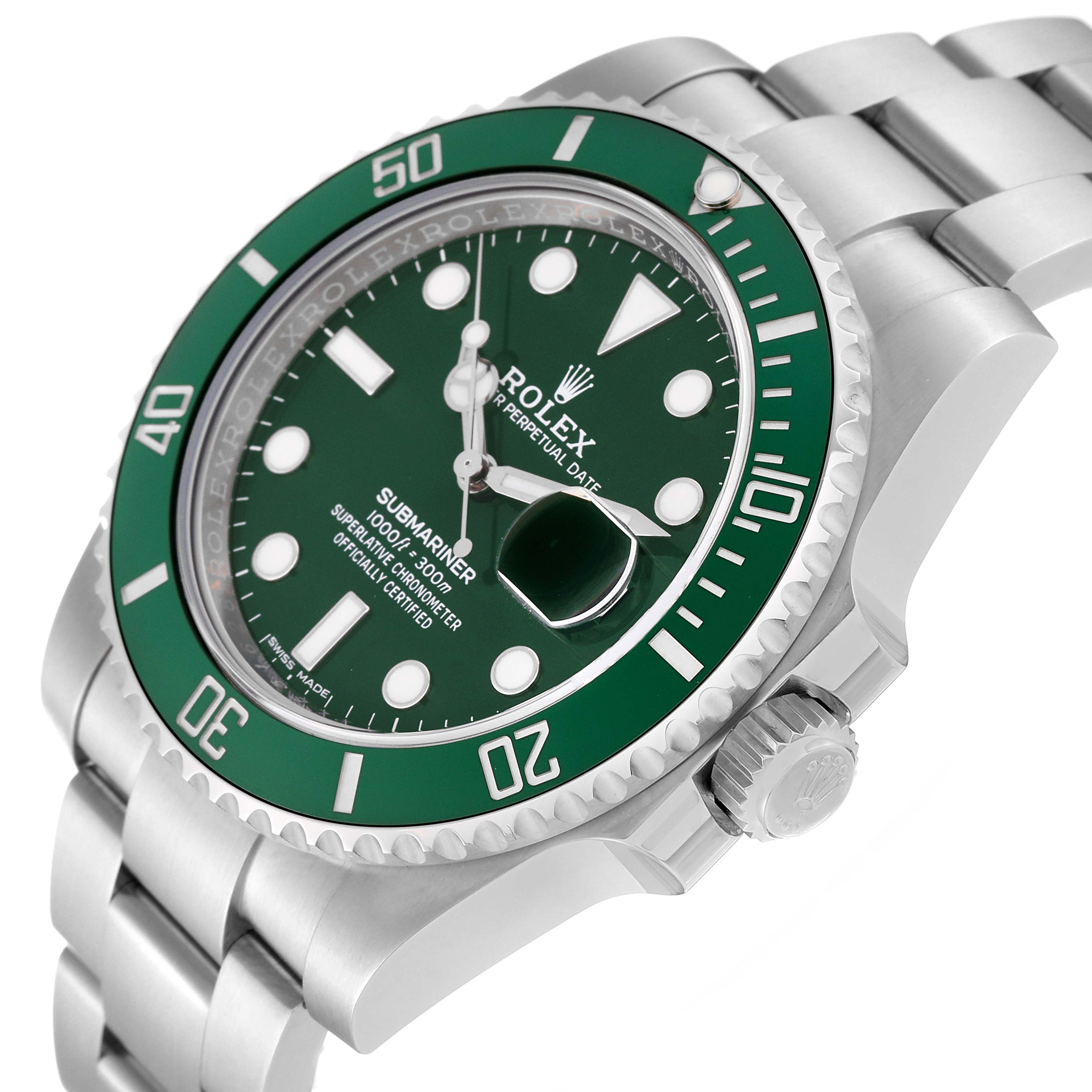 The image shows a Rolex Submariner 116610LV Men
s Stainless Steel Green Dial 116610LV Men
s Stainless Steel Green Dial watch at an angled side view, highlighting its green bezel, dial, and the winding crown.