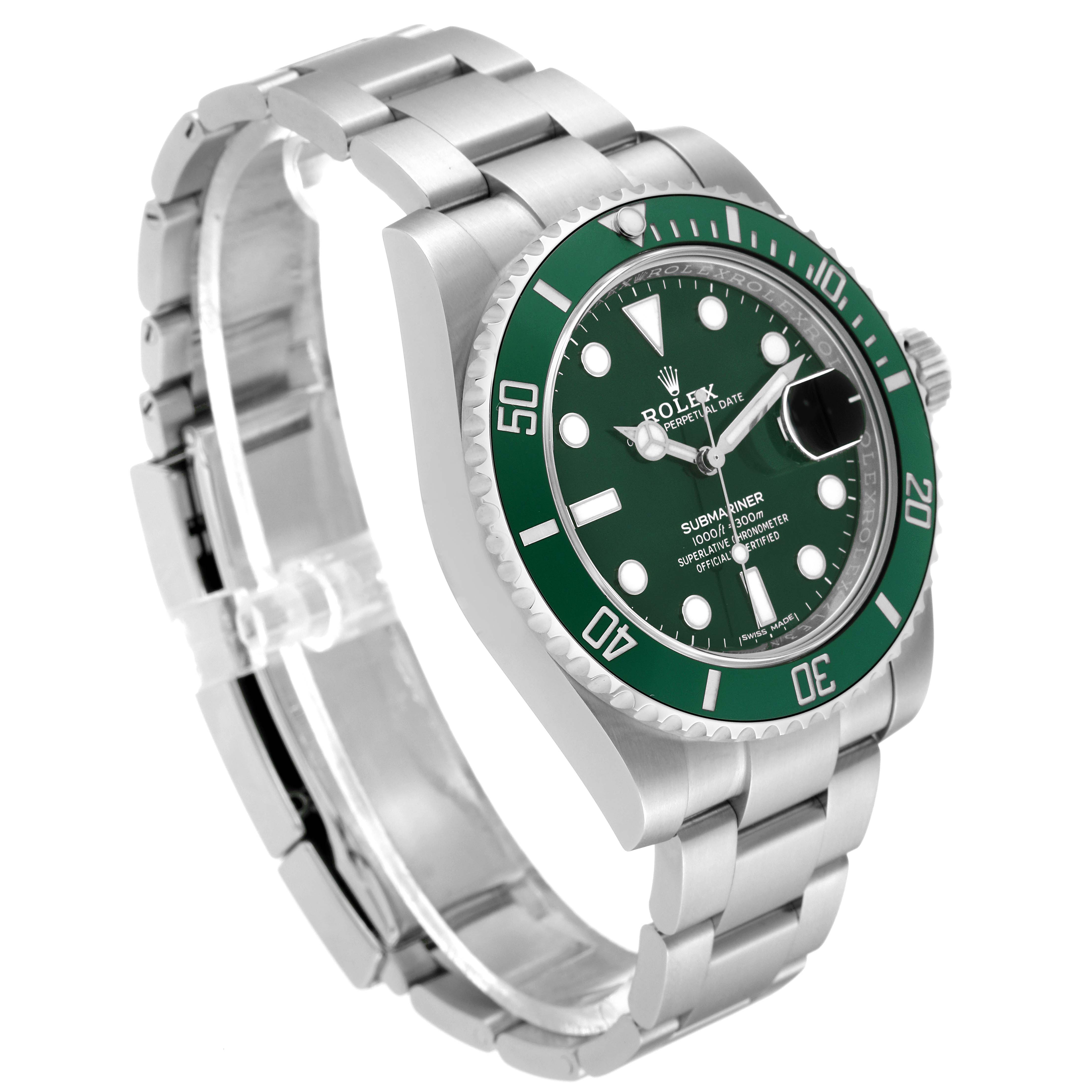 The image shows a Rolex Submariner 116610LV Men
s Stainless Steel Green Dial 116610LV Men
s Stainless Steel Green Dial watch at a three-quarter angle, highlighting the green bezel and dial, along with the metal bracelet.