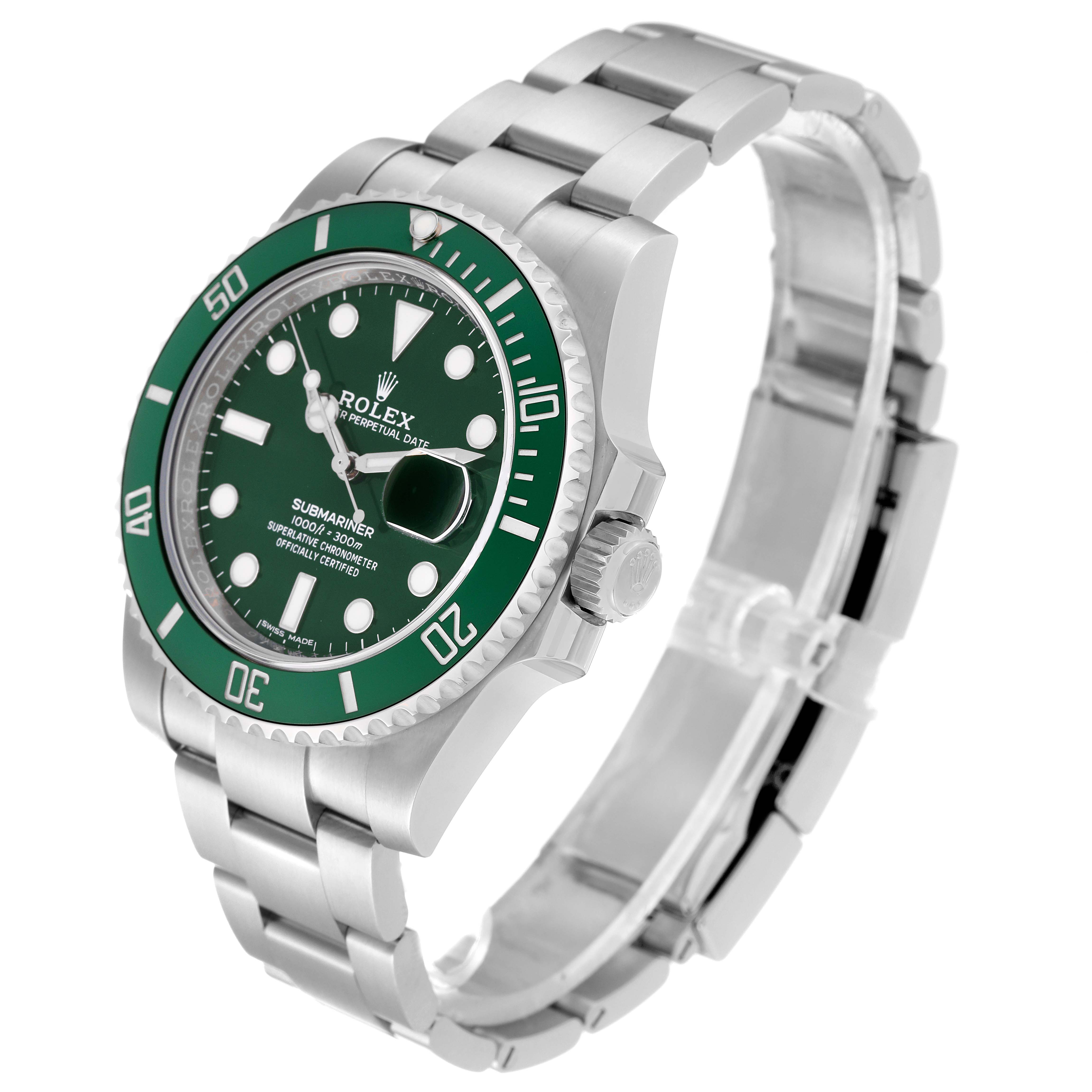 The image shows a Rolex Submariner 116610LV Men
s Stainless Steel Green Dial 116610LV Men
s Stainless Steel Green Dial watch at a slight side angle, highlighting its green dial, bezel, and stainless steel bracelet.