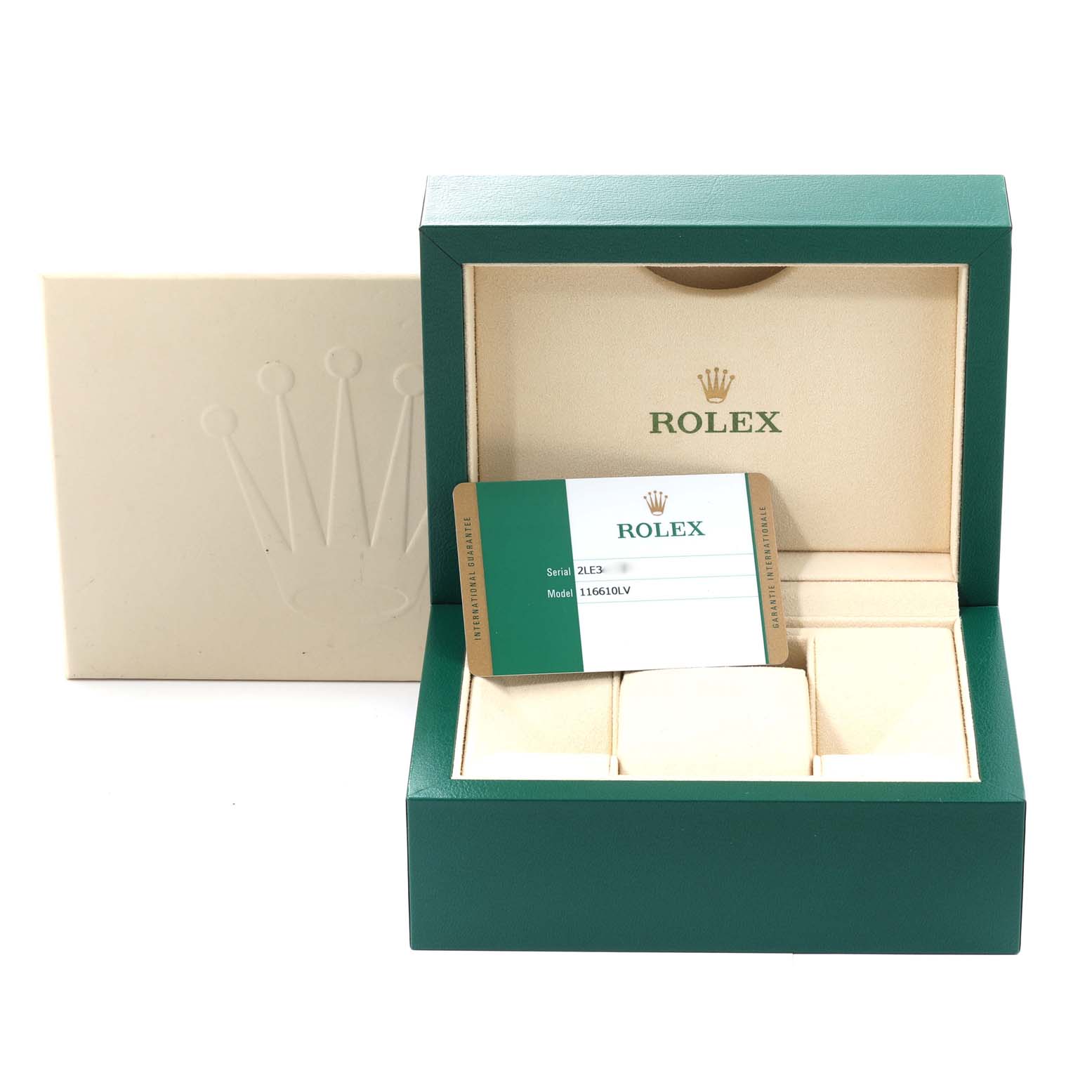 The image shows the open box and Best Quality
ity card for a Rolex Submariner 116610LV Men
s Stainless Steel Green Dial 116610LV Men
s Stainless Steel Green Dial model 116610LV.