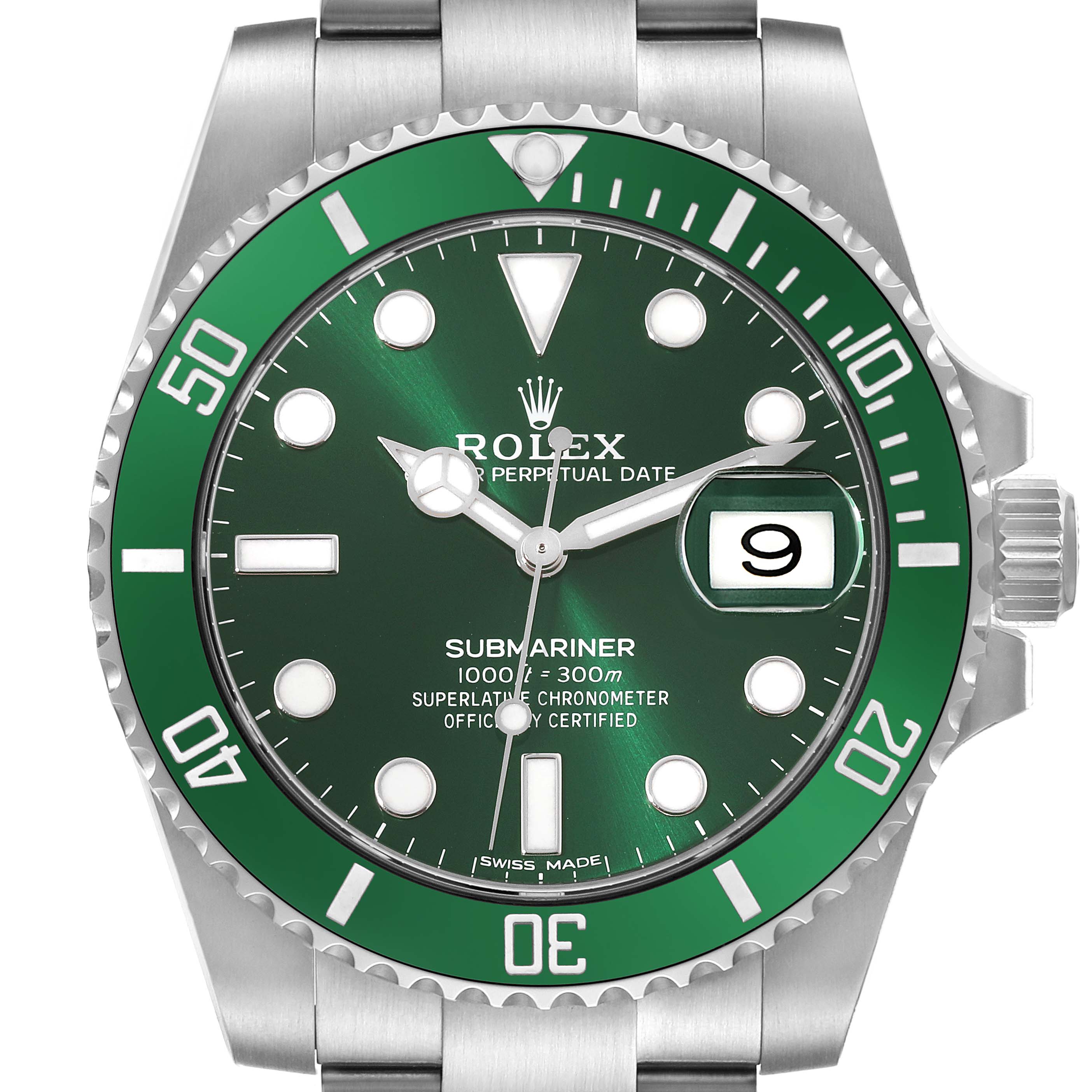 This image shows a close-up, front view of the Rolex Submariner 116610LV Men
s Stainless Steel Green Dial 116610LV Men
s Stainless Steel Green Dial watch, highlighting its green dial, bezel, and date window.