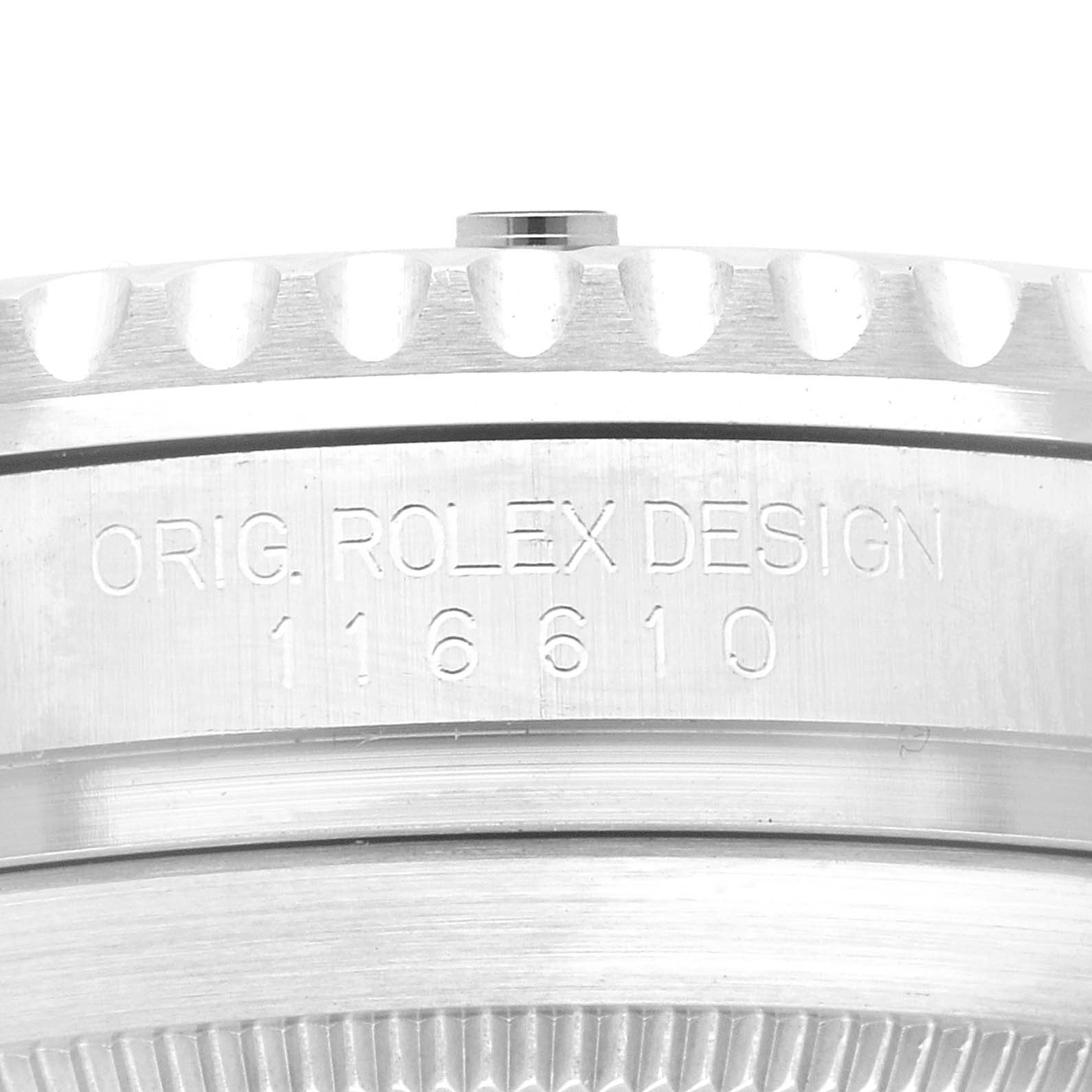 The image shows a close-up view of the side of a Rolex Submariner 116610LV Men
s Stainless Steel Green Dial 116610LV Men
s Stainless Steel Green Dial watch, displaying the engraved model number 116610.
