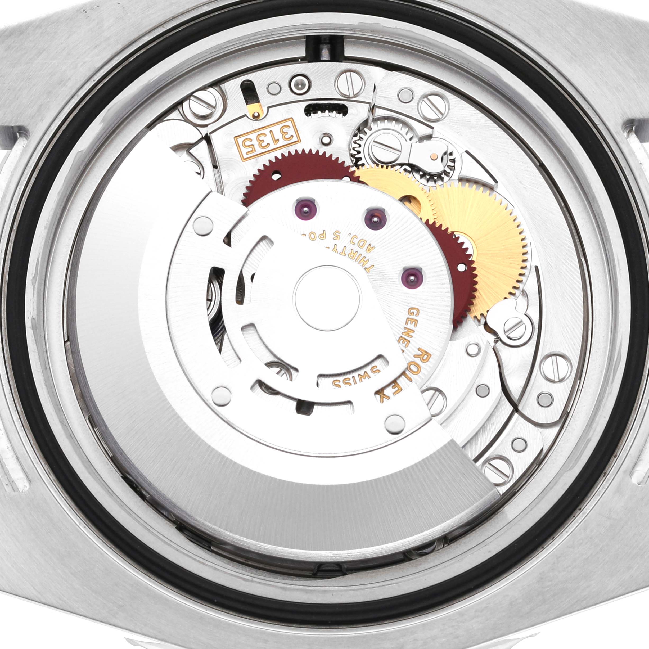 This image shows the internal movement mechanism of the Rolex Submariner 116610LV Men
s Stainless Steel Green Dial 116610LV Men
s Stainless Steel Green Dial watch from a directly overhead angle.