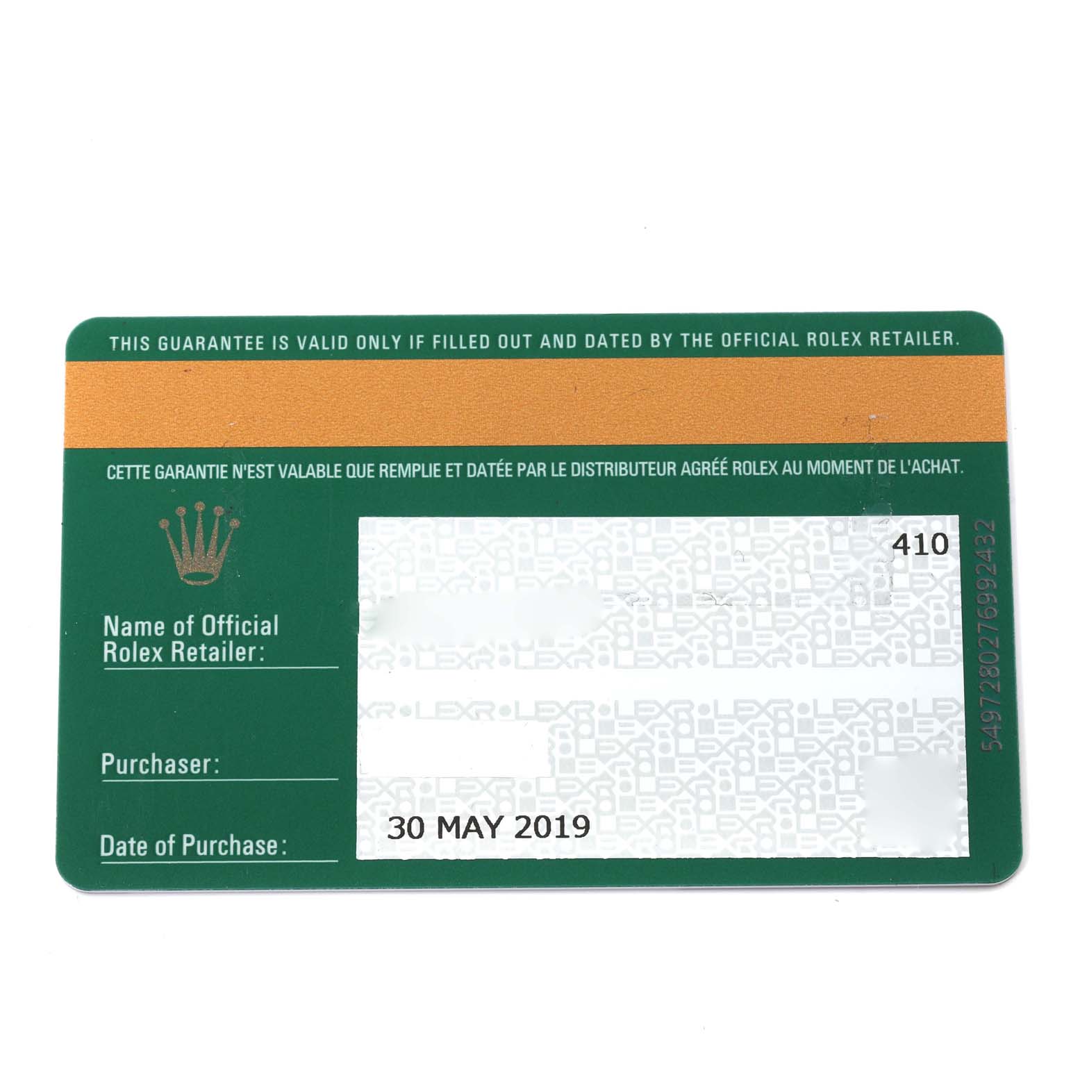 This image shows a warranty card for a Rolex Submariner 116610LV Men
s Stainless Steel Green Dial 116610LV Men
s Stainless Steel Green Dial with purchase details and retailer information.
