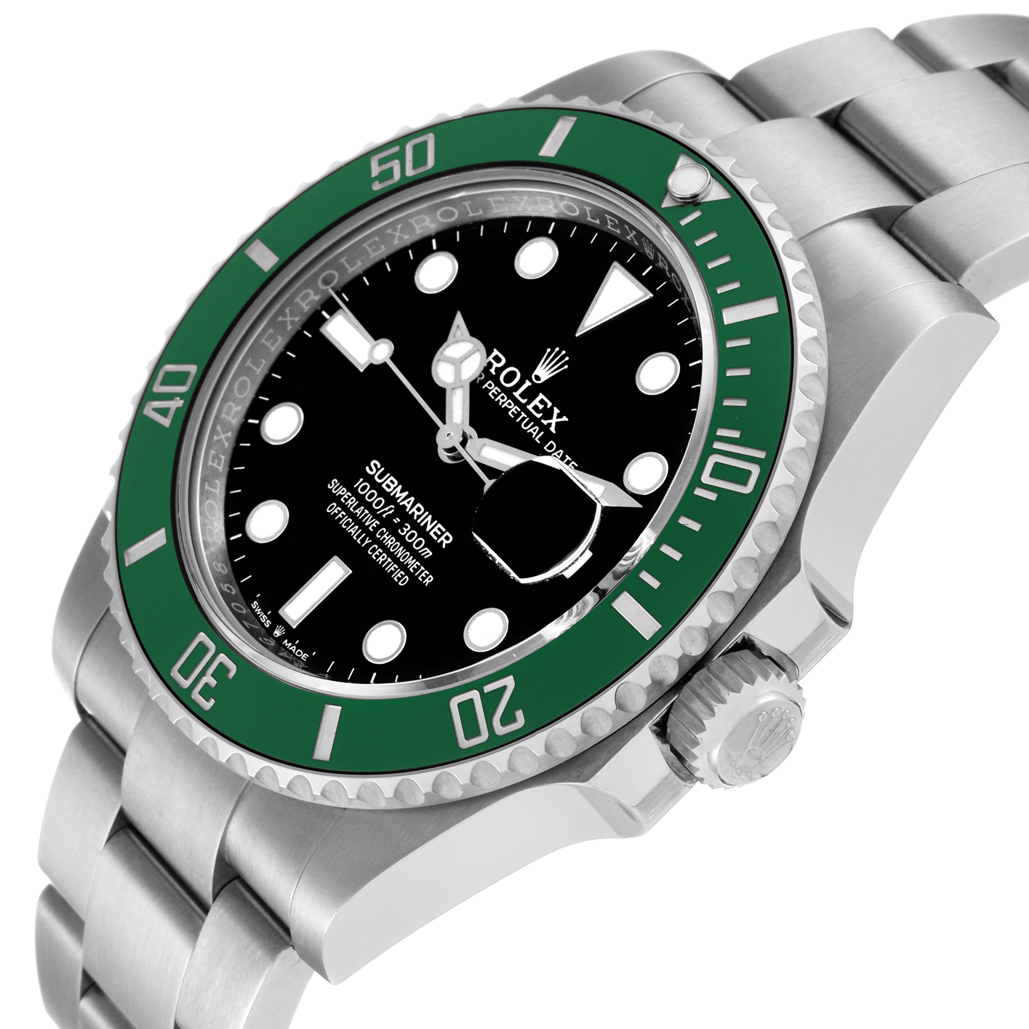 The image shows a close-up of the Rolex Submariner 126610LV Men's Stainless Steel Black Dial 126610LV Men's Stainless Steel Black Dial watch at an angled view, highlighting the green bezel, black dial, and stainless steel bracelet.