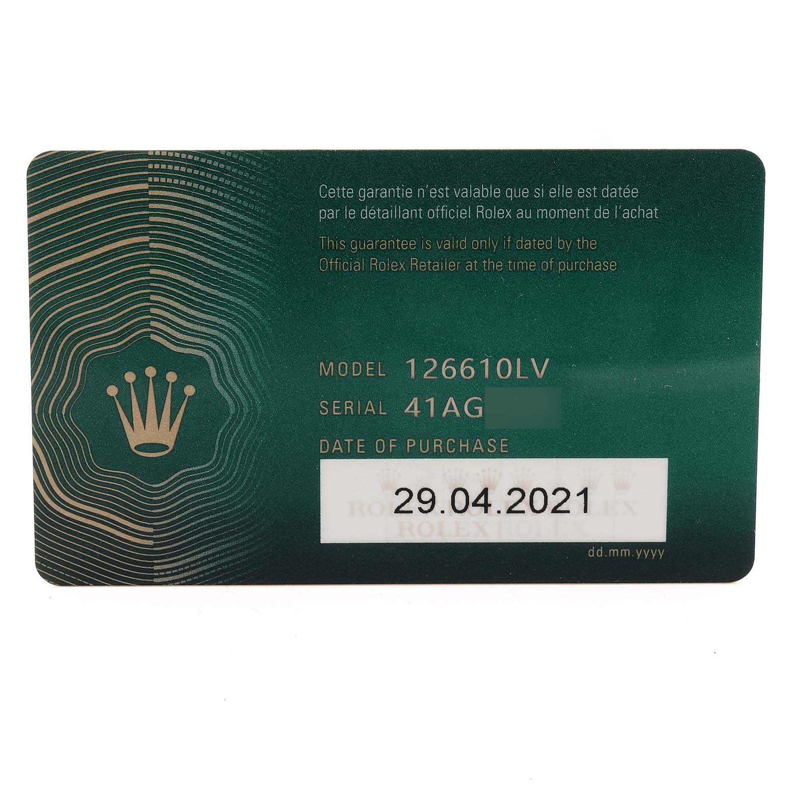 This image shows the warranty card for a Rolex Submariner 126610LV Men's Stainless Steel Black Dial 126610LV Men's Stainless Steel Black Dial model 126610LV, detailing the serial number and purchase date.