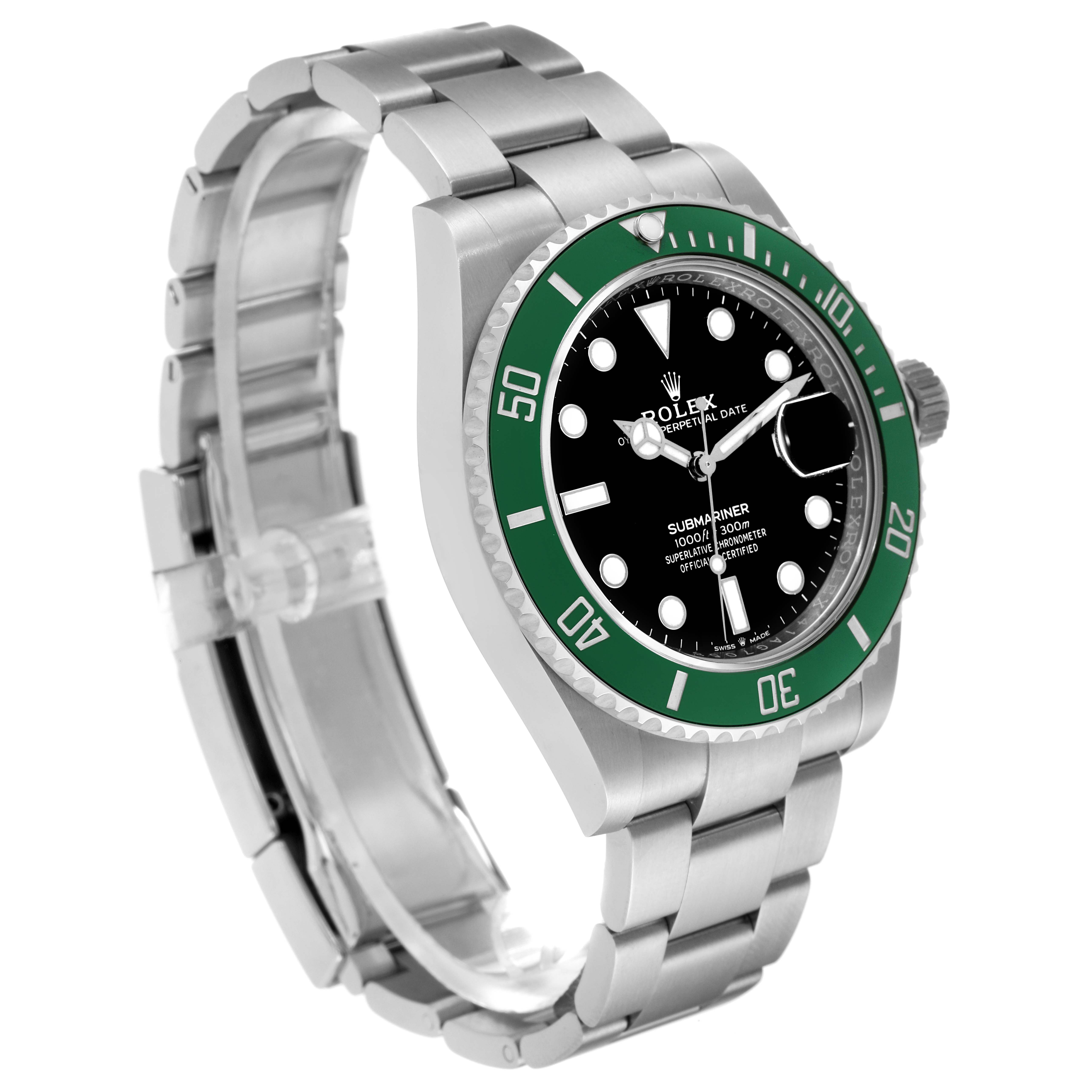 This image shows a Rolex Submariner 126610LV Men's Stainless Steel Black Dial 126610LV Men's Stainless Steel Black Dial watch at a three-quarter angle, highlighting its face, bezel, and bracelet.