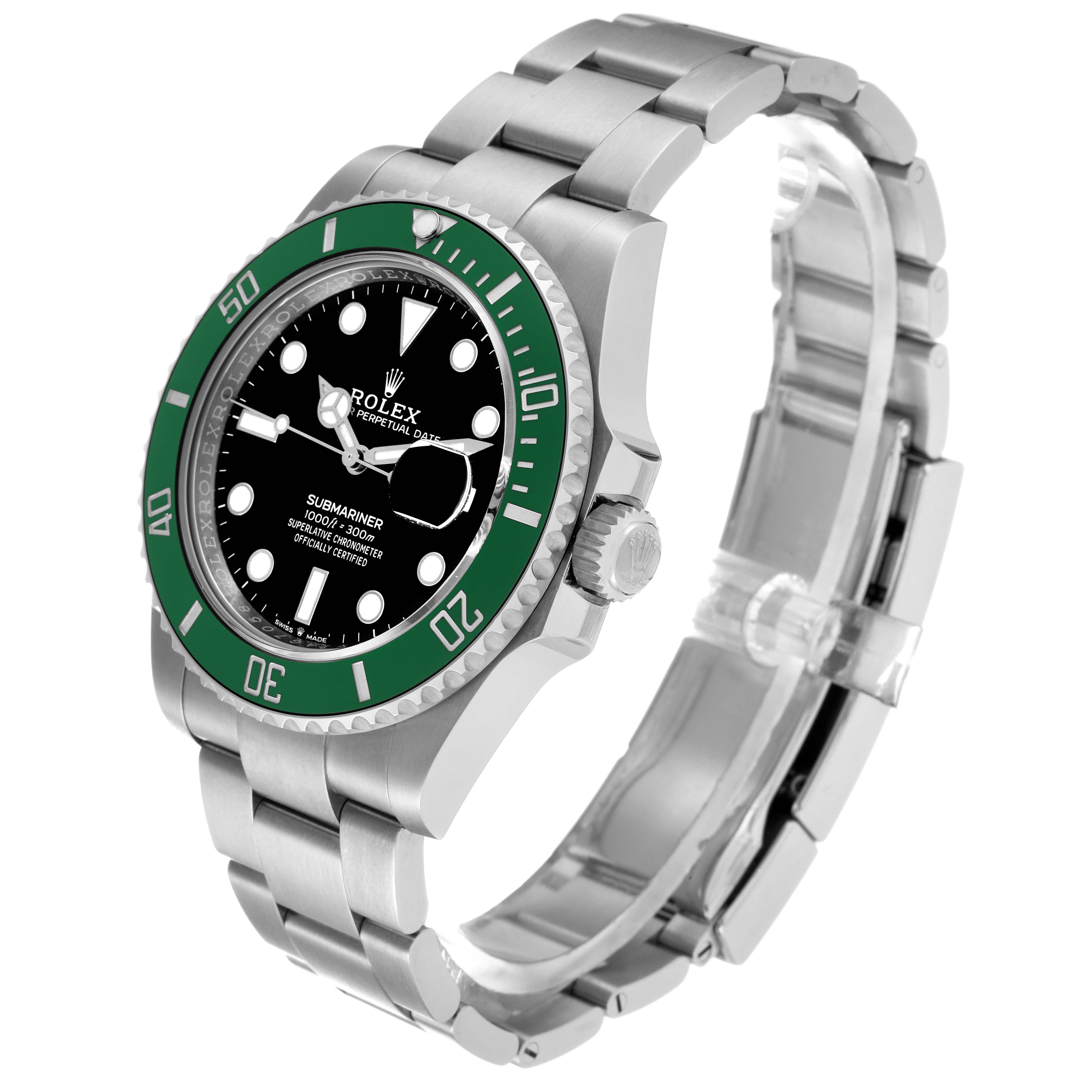 The image shows a Rolex Submariner 126610LV Men's Stainless Steel Black Dial 126610LV Men's Stainless Steel Black Dial watch at a three-quarter angle, highlighting the bezel, dial, crown, and bracelet.