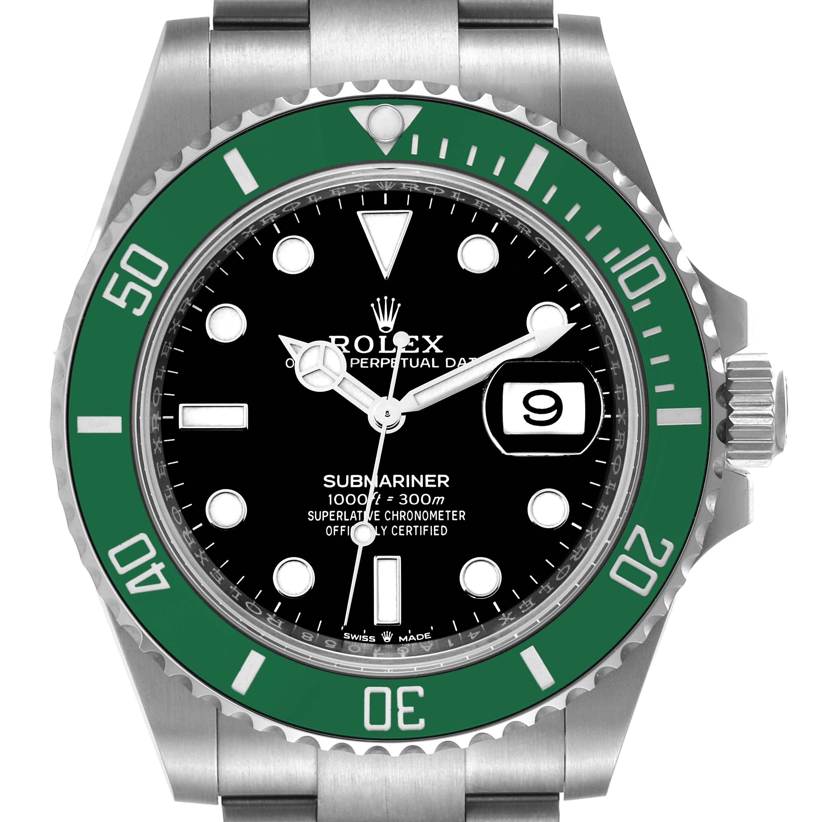 This image shows the front view of a Rolex Submariner 126610LV Men's Stainless Steel Black Dial 126610LV Men's Stainless Steel Black Dial watch, highlighting the green bezel, black dial, and date window.