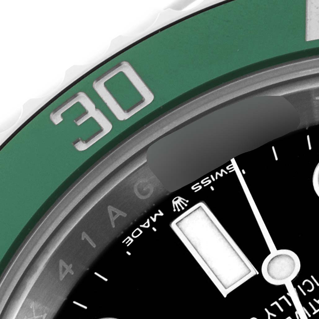 This image shows a close-up of the bezel and part of the dial of a Rolex Submariner 126610LV Men's Stainless Steel Black Dial 126610LV Men's Stainless Steel Black Dial watch, focusing on the "30" marker.