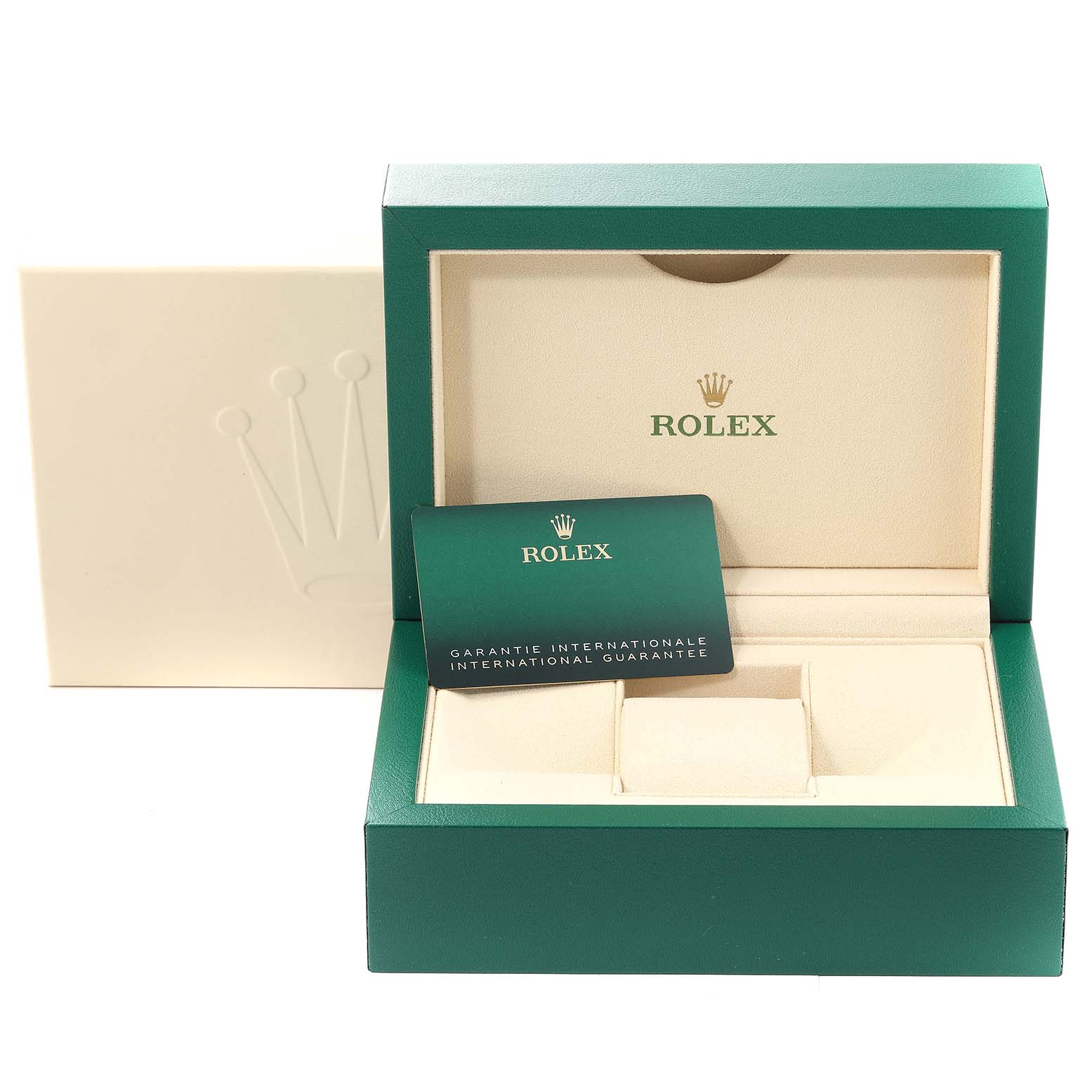 This image shows the green and beige packaging box and guarantee card for a Rolex Submariner 126610LV Men's Stainless Steel Black Dial 126610LV Men's Stainless Steel Black Dial watch.