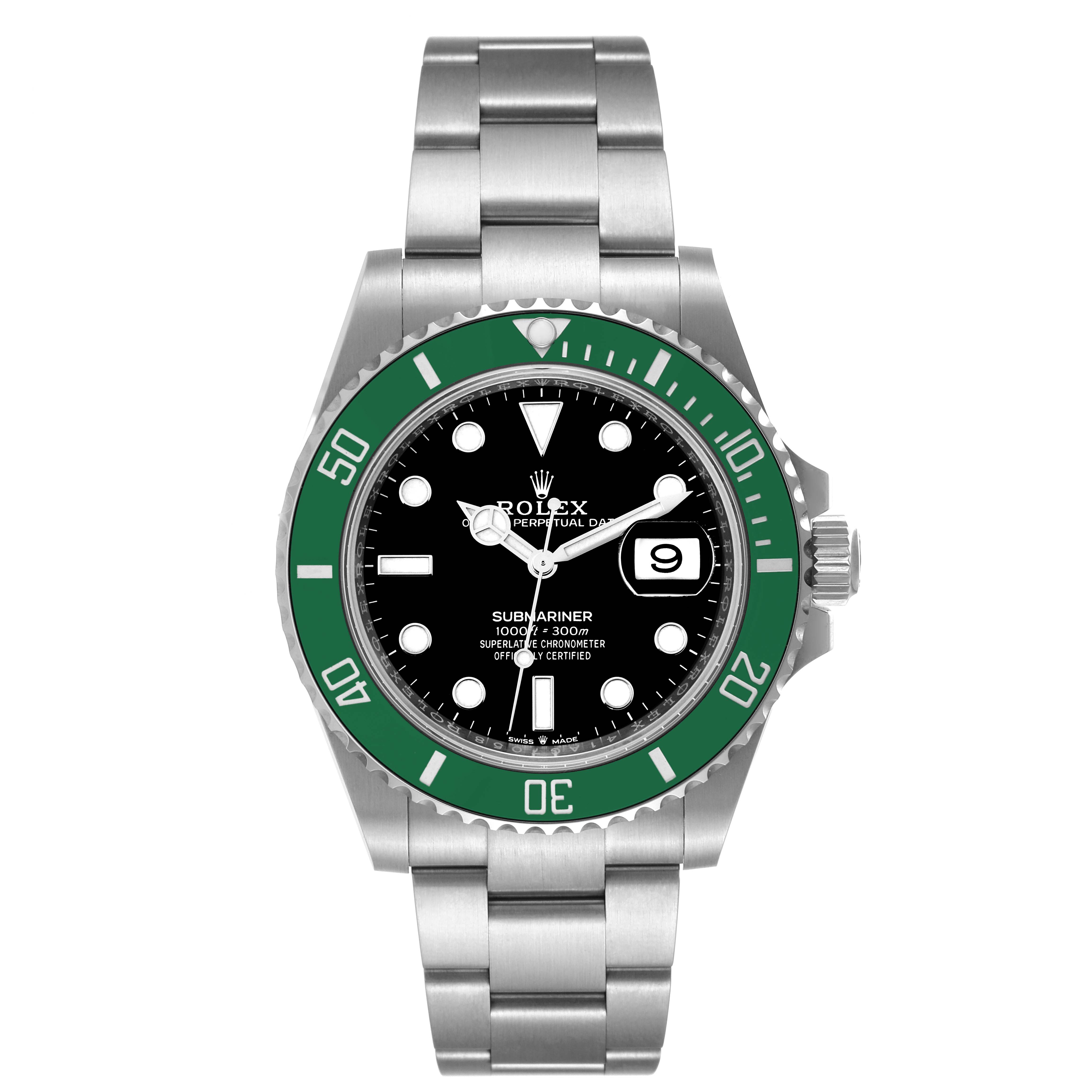 The image displays the Rolex Submariner 126610LV Men's Stainless Steel Black Dial 126610LV Men's Stainless Steel Black Dial watch from the front, showcasing its dial, bezel, and bracelet.