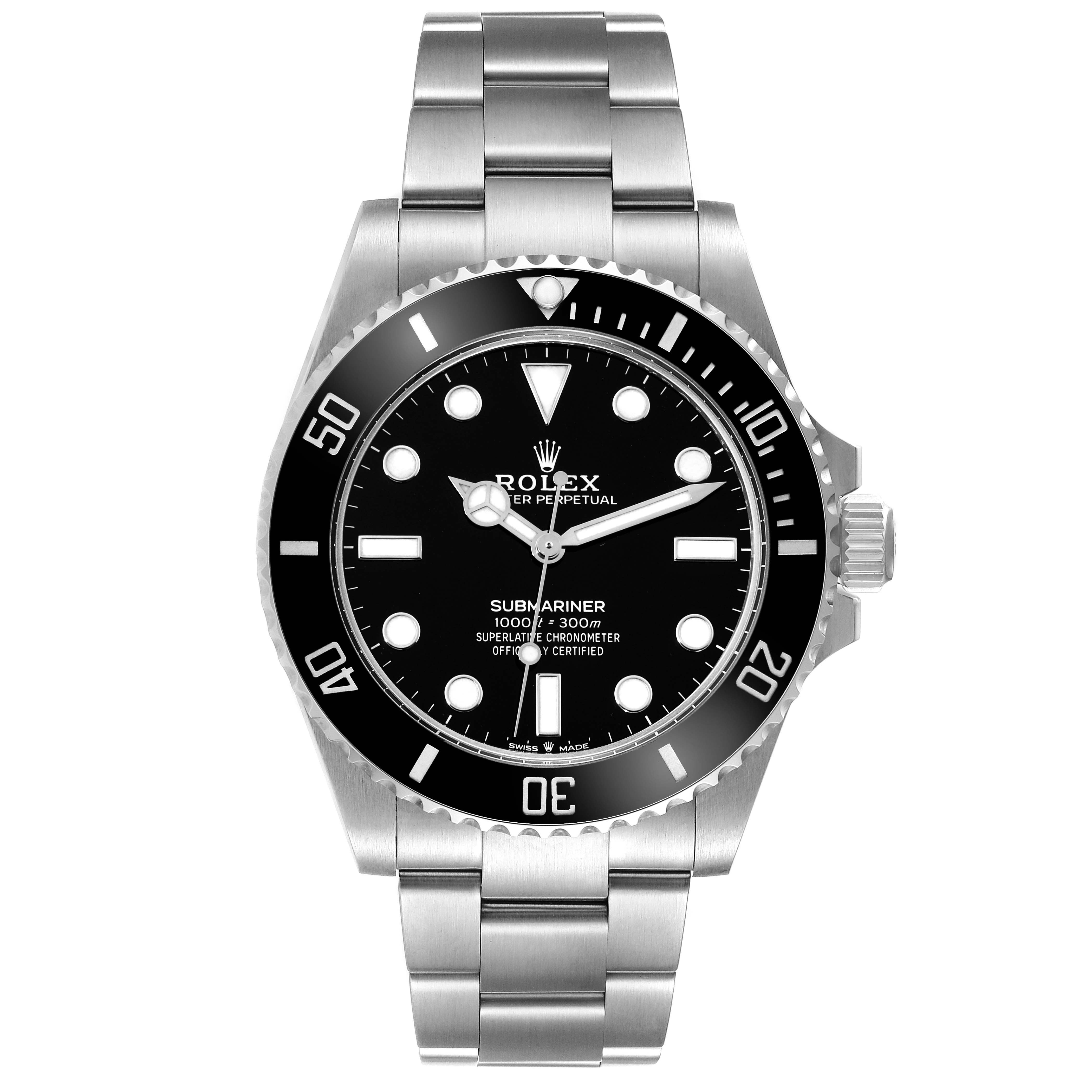 The image shows a front view of a Rolex Submariner 124060 Men
s Stainless Steel Black Dial 124060 Men
s Stainless Steel Black Dial, displaying its face, bezel, and stainless steel bracelet.