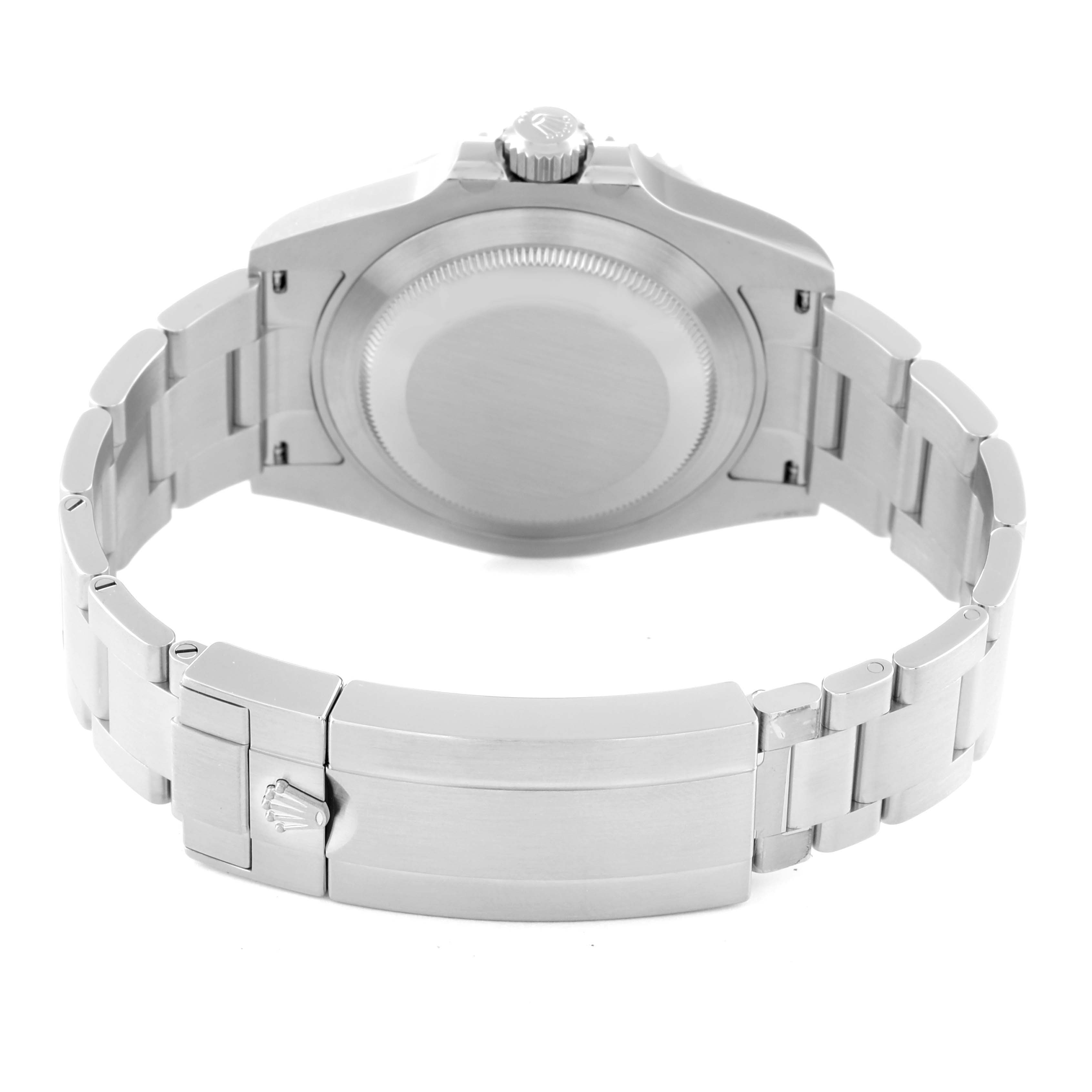 This image shows the back view of a Rolex Submariner 124060 Men
s Stainless Steel Black Dial 124060 Men
s Stainless Steel Black Dial watch, including its case back, bracelet, and clasp.