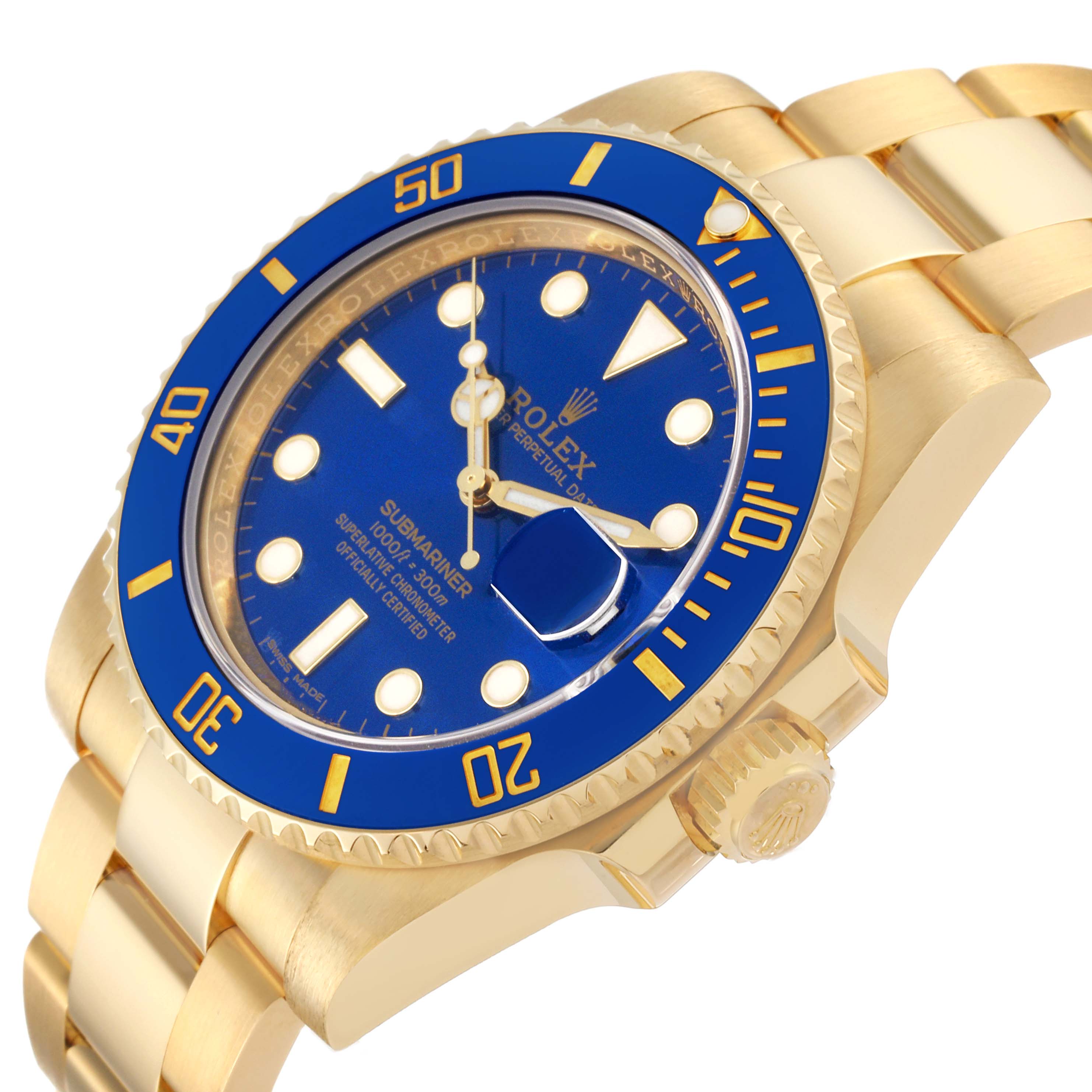 This is an angled view of the Rolex Submariner 116618LB Men's Yellow Gold Blue Dial 116618LB Men's Yellow Gold Blue Dial watch, showing its blue bezel, dial, and gold bracelet.