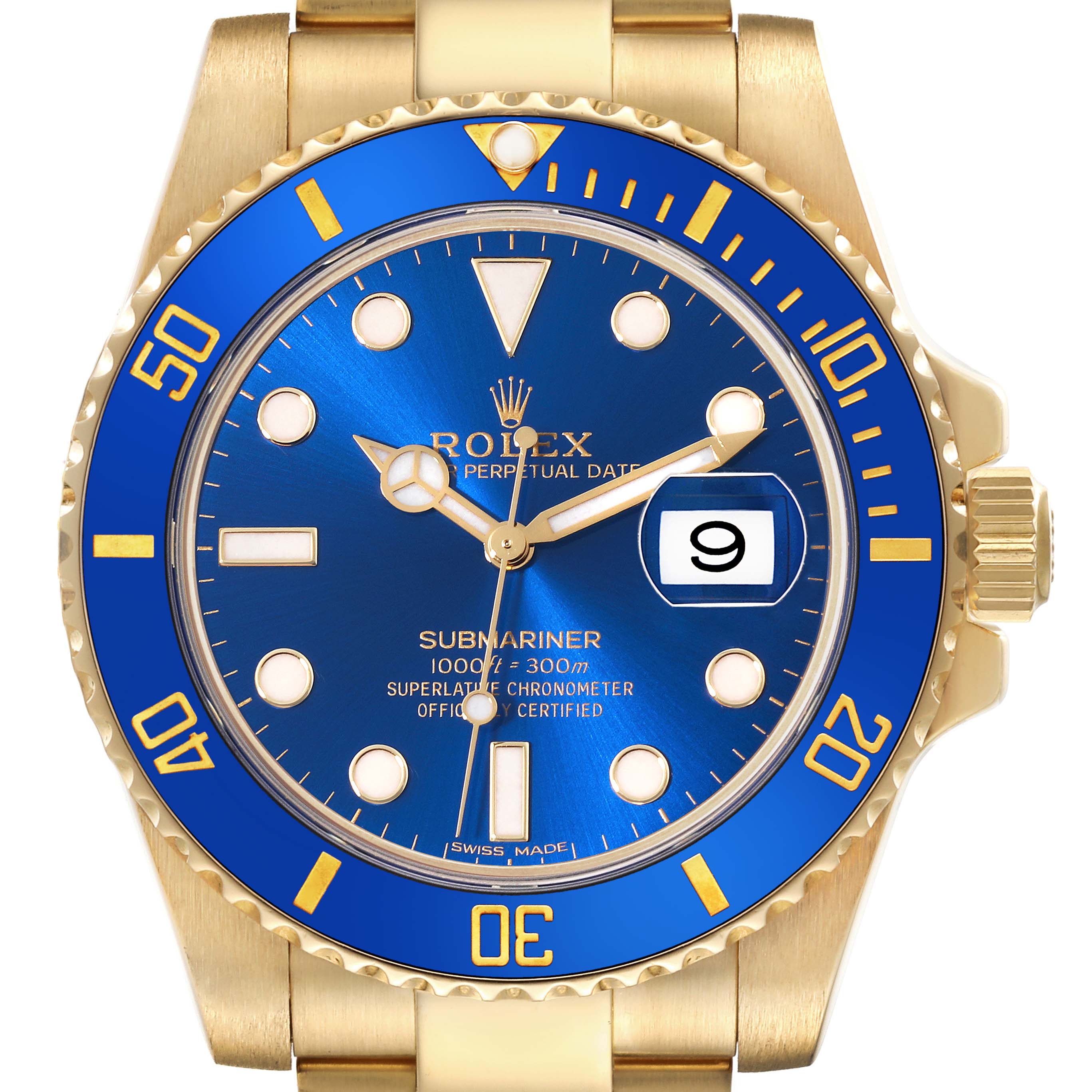 The image shows a front view of the Rolex Submariner 116618LB Men's Yellow Gold Blue Dial 116618LB Men's Yellow Gold Blue Dial watch, highlighting the blue dial, date window, and gold bezel.