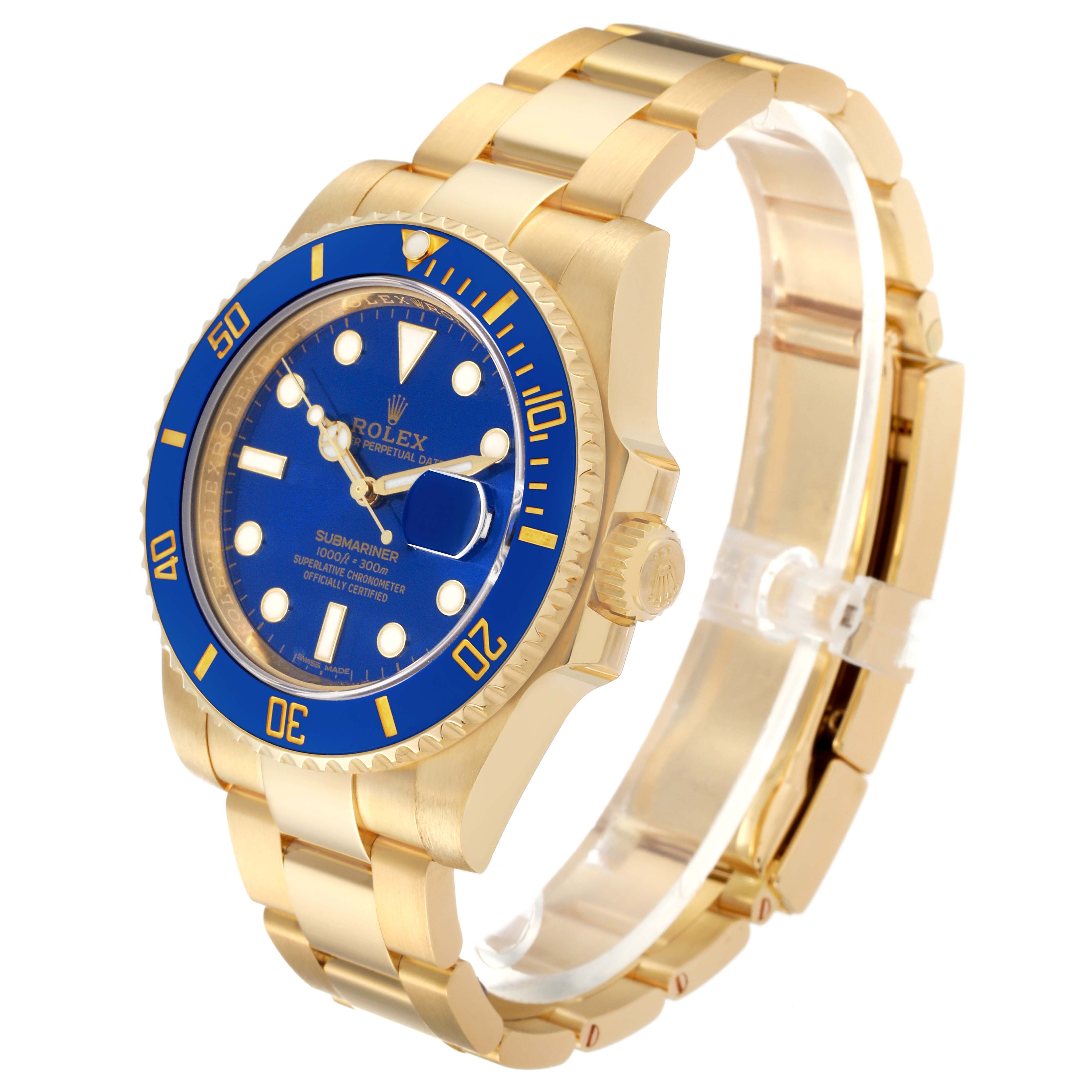 The image shows a Rolex Submariner 116618LB Men's Yellow Gold Blue Dial 116618LB Men's Yellow Gold Blue Dial watch angled to display the face, bezel, crown, and part of the bracelet.