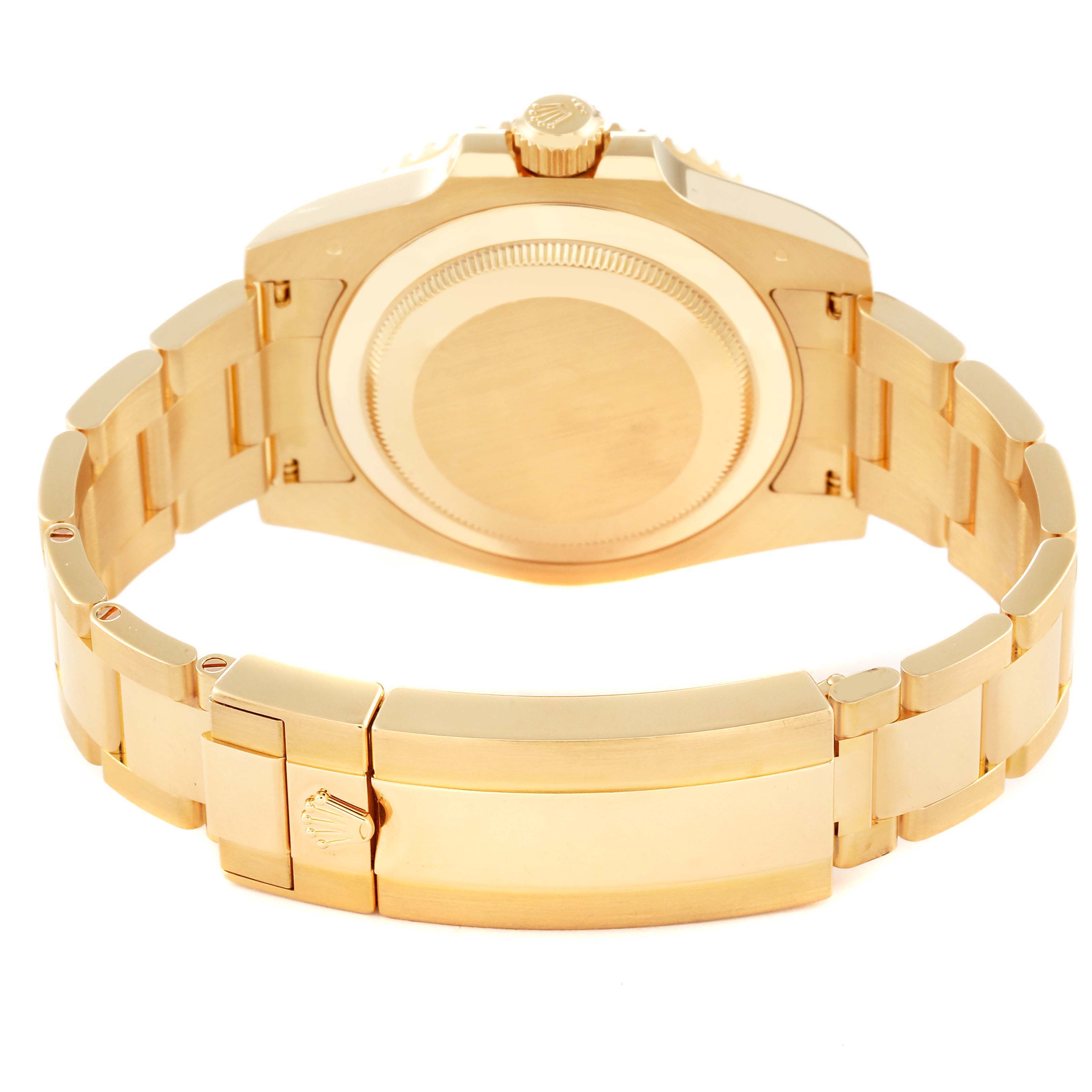 The image shows the back and clasp of a Rolex Submariner 116618LB Men's Yellow Gold Blue Dial, highlighting the case back, bracelet, and clasp.