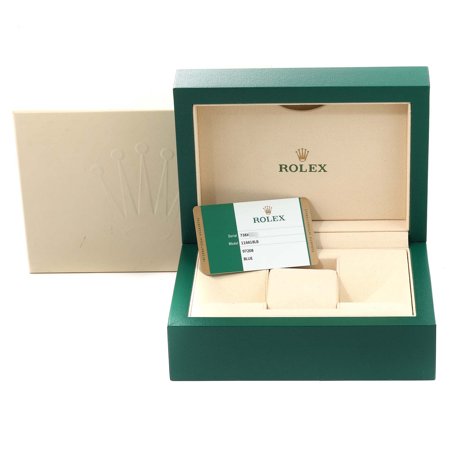 The image shows the packaging box and authenticity card for a Rolex Submariner 116618LB Men's Yellow Gold Blue Dial 116618LB Men's Yellow Gold Blue Dial watch.