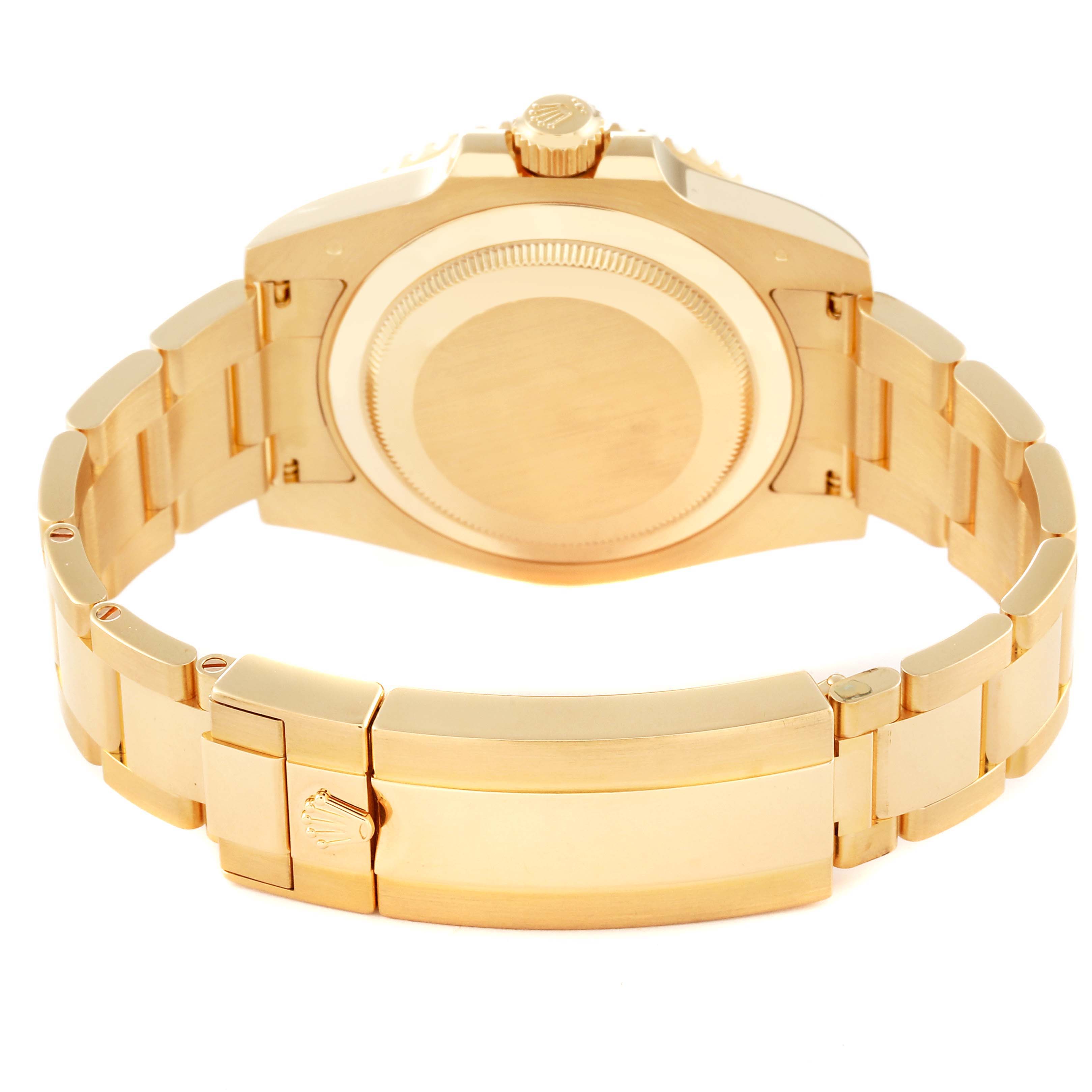 This image shows the back case and clasp of a Rolex Submariner 116618LB Men's Yellow Gold Blue Dial 116618LB Men's Yellow Gold Blue Dial watch in gold, viewed from the bottom.