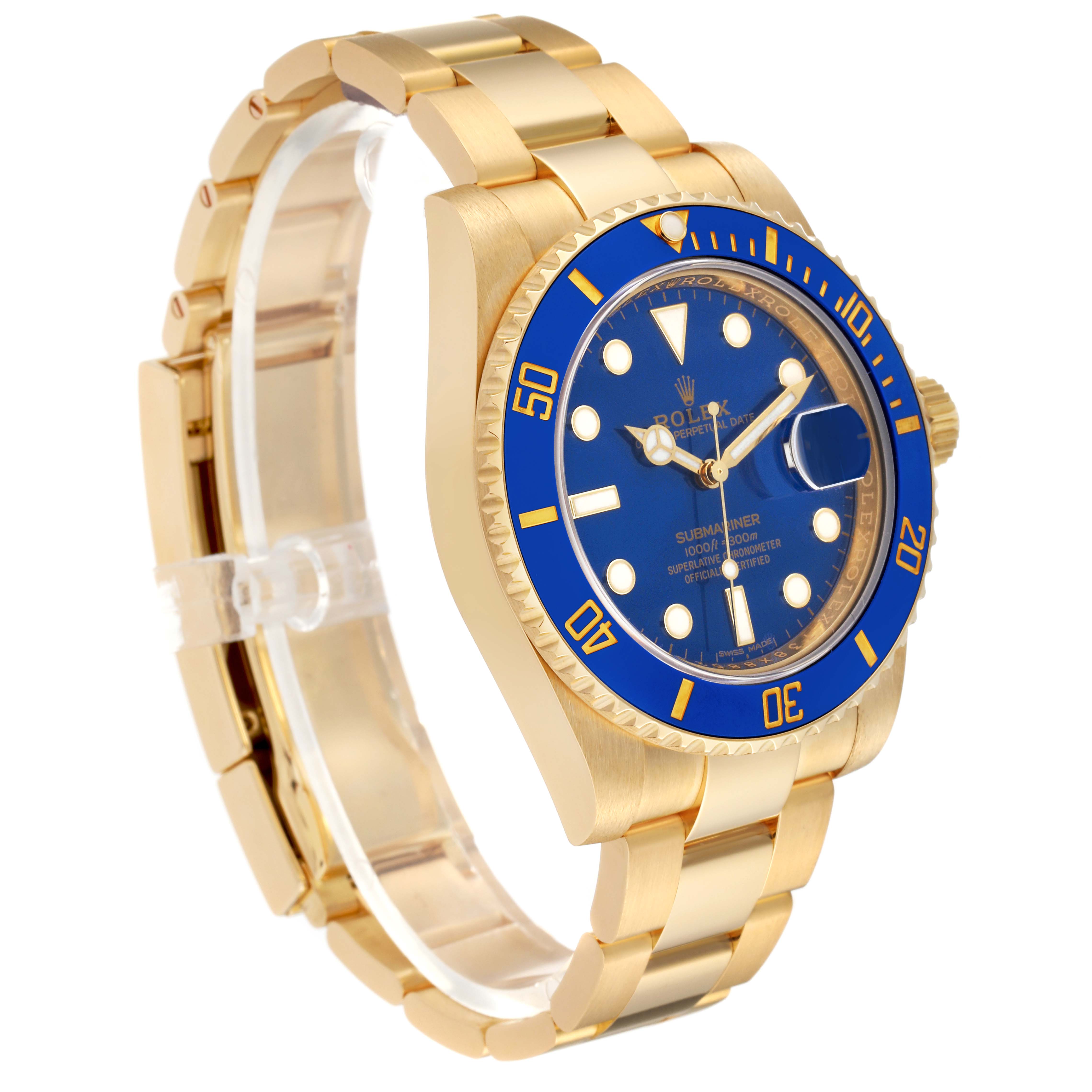 The image shows a Rolex Submariner 116618LB Men's Yellow Gold Blue Dial 116618LB Men's Yellow Gold Blue Dial watch angled to display the dial, bezel, and part of the bracelet.