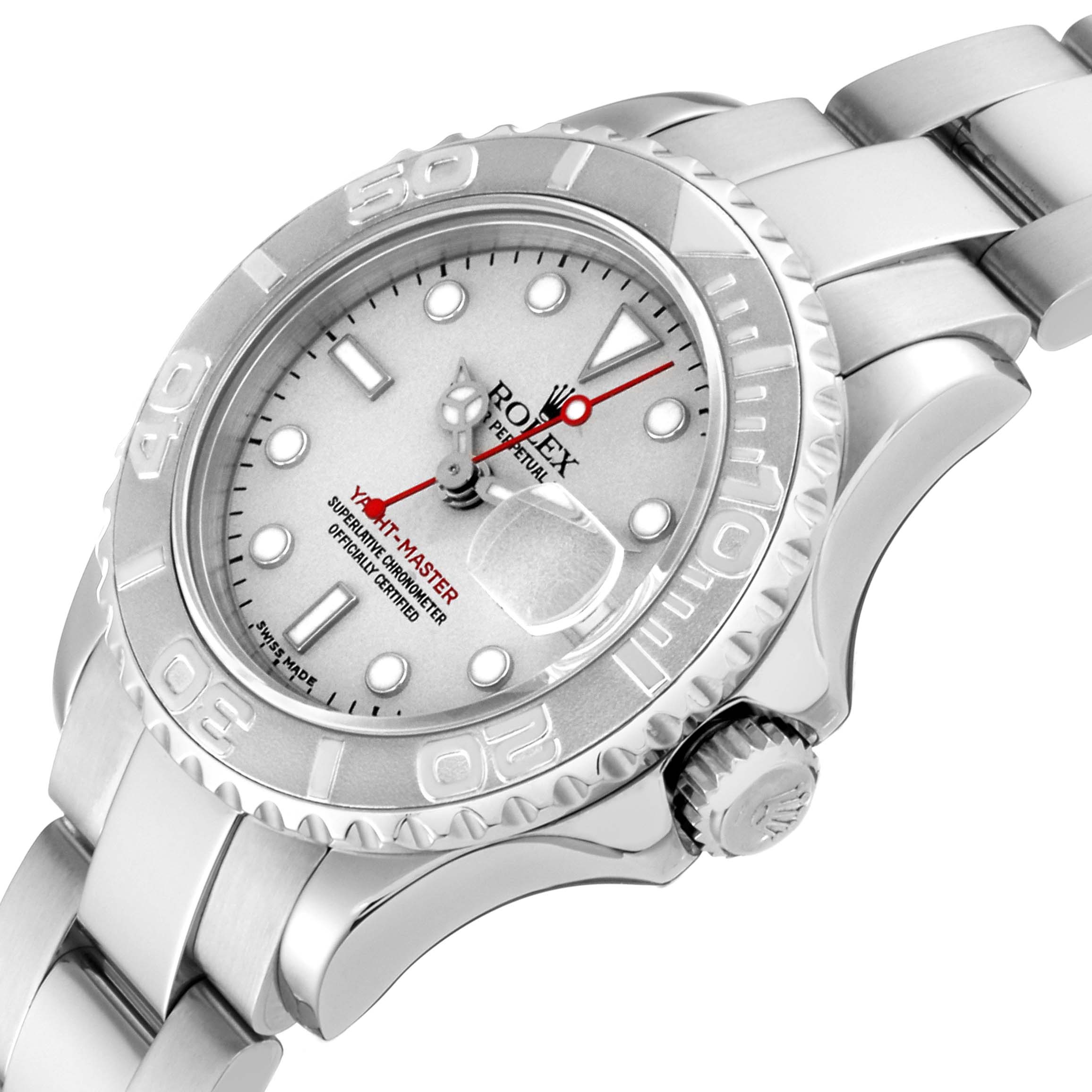 The Rolex Yacht-Master 169622 Women
s Stainless Steel Silver Dial 169622 Women
s Stainless Steel Silver Dial watch is shown at a three-quarter angle, highlighting the dial, bezel, crown, and part of the bracelet.