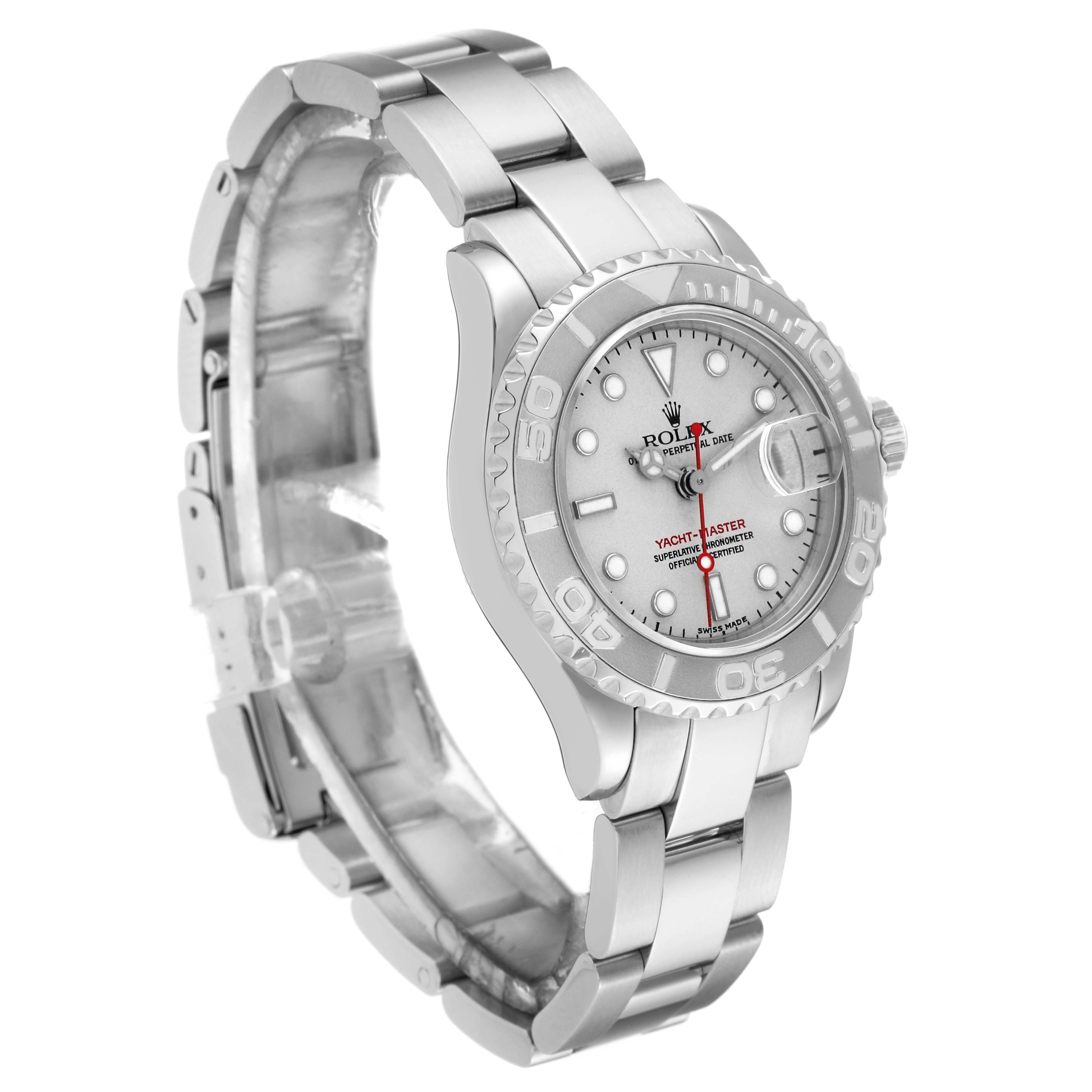 The Rolex Yacht-Master 169622 Women
s Stainless Steel Silver Dial 169622 Women
s Stainless Steel Silver Dial watch is pictured at a three-quarter angle, showing the dial, bezel, case, and bracelet.