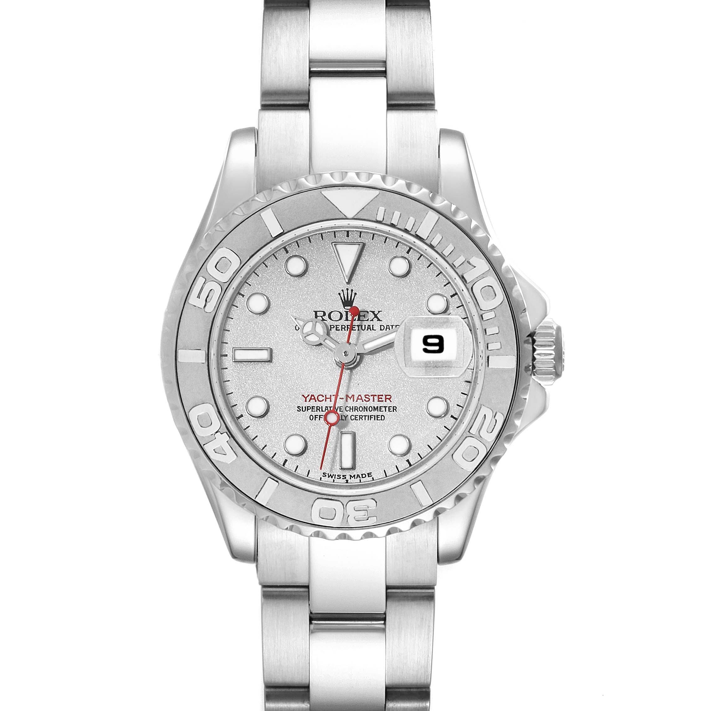 The image shows a front view of the Rolex Yacht-Master 169622 Women
s Stainless Steel Silver Dial 169622 Women
s Stainless Steel Silver Dial watch, highlighting its face, bezel, and bracelet.