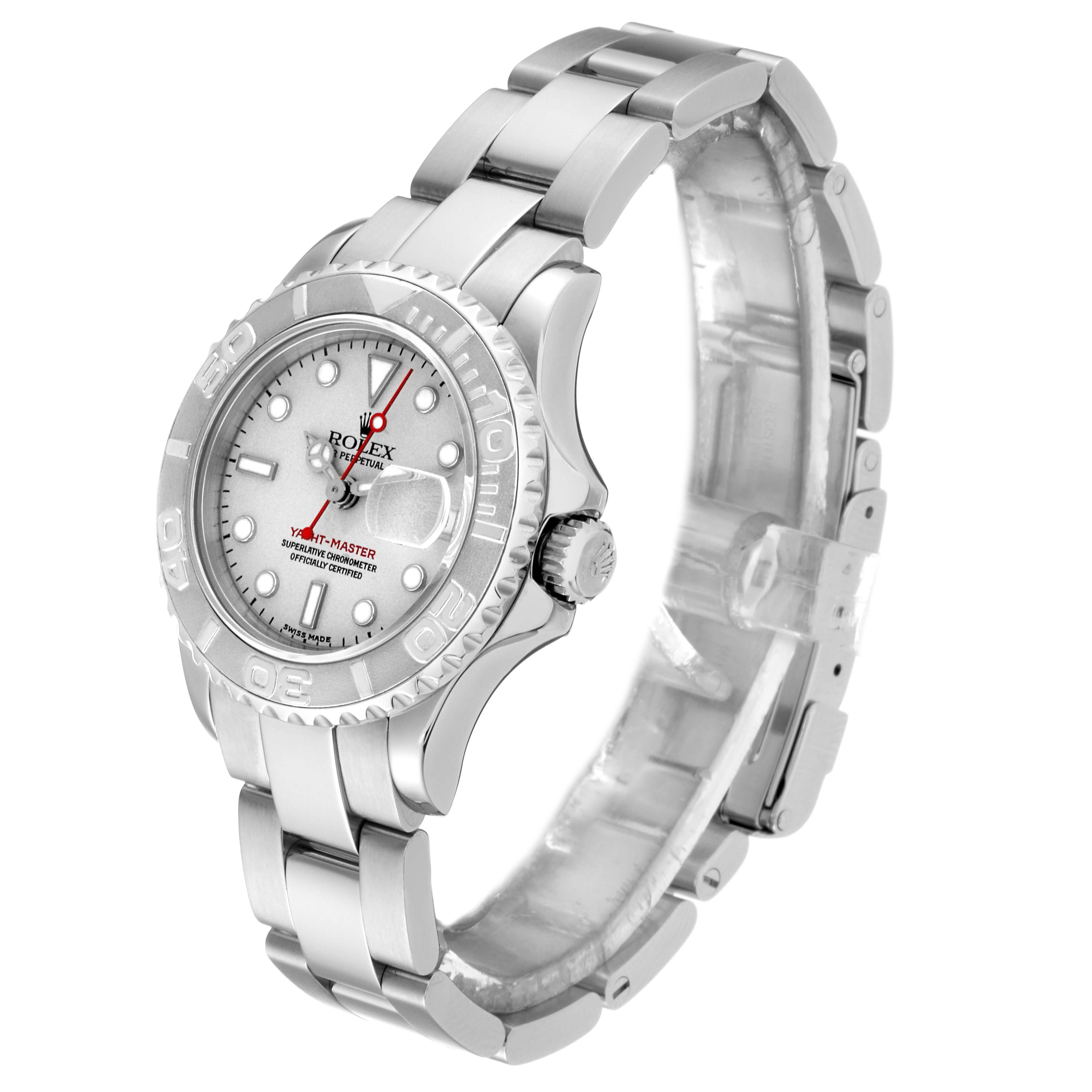 This image shows a Rolex Yacht-Master 169622 Women
s Stainless Steel Silver Dial 169622 Women
s Stainless Steel Silver Dial watch at a three-quarter angle, highlighting the face, bezel, and bracelet.