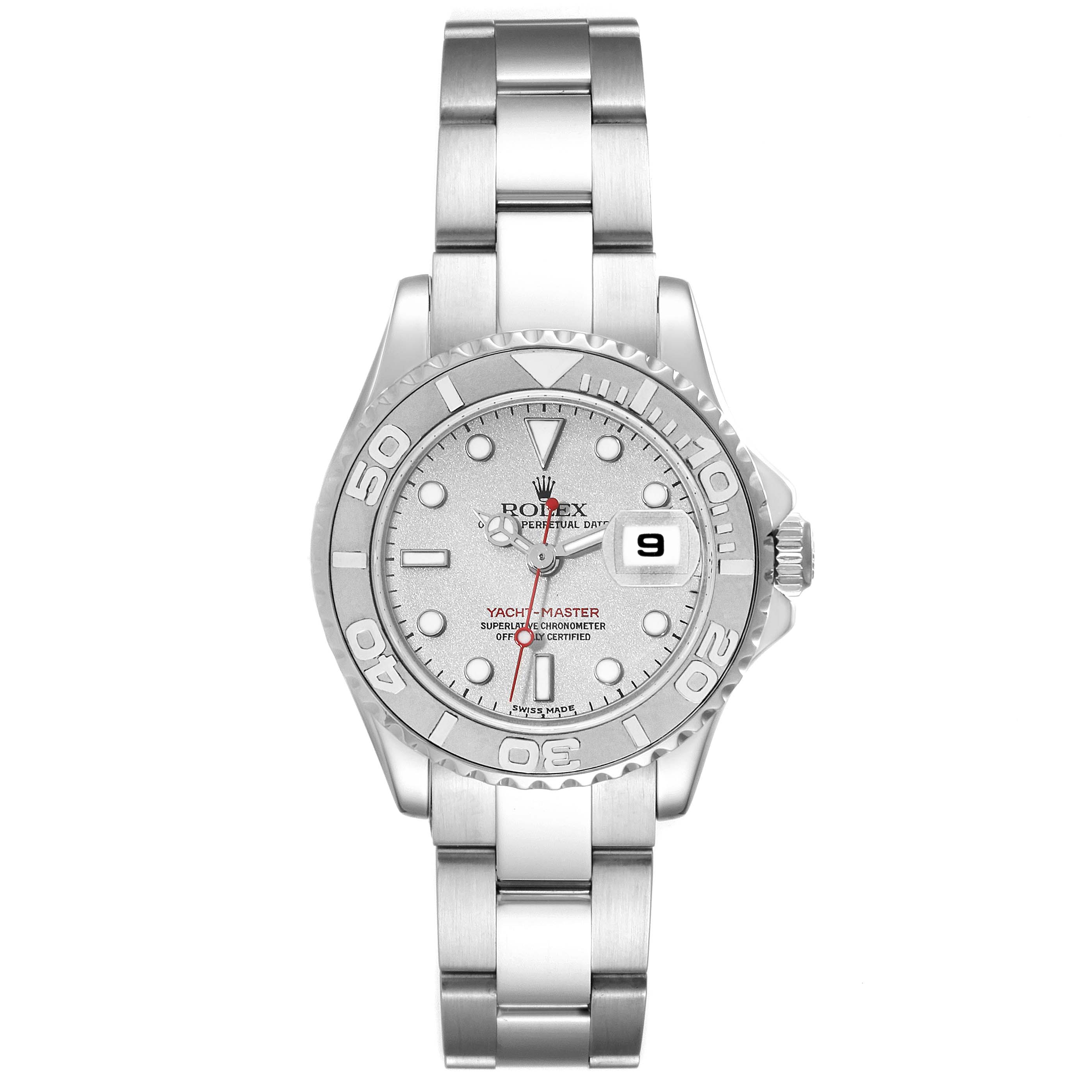 The Rolex Yacht-Master 169622 Women
s Stainless Steel Silver Dial 169622 Women
s Stainless Steel Silver Dial watch is shown from a front angle highlighting the dial, bezel, crown, and bracelet.