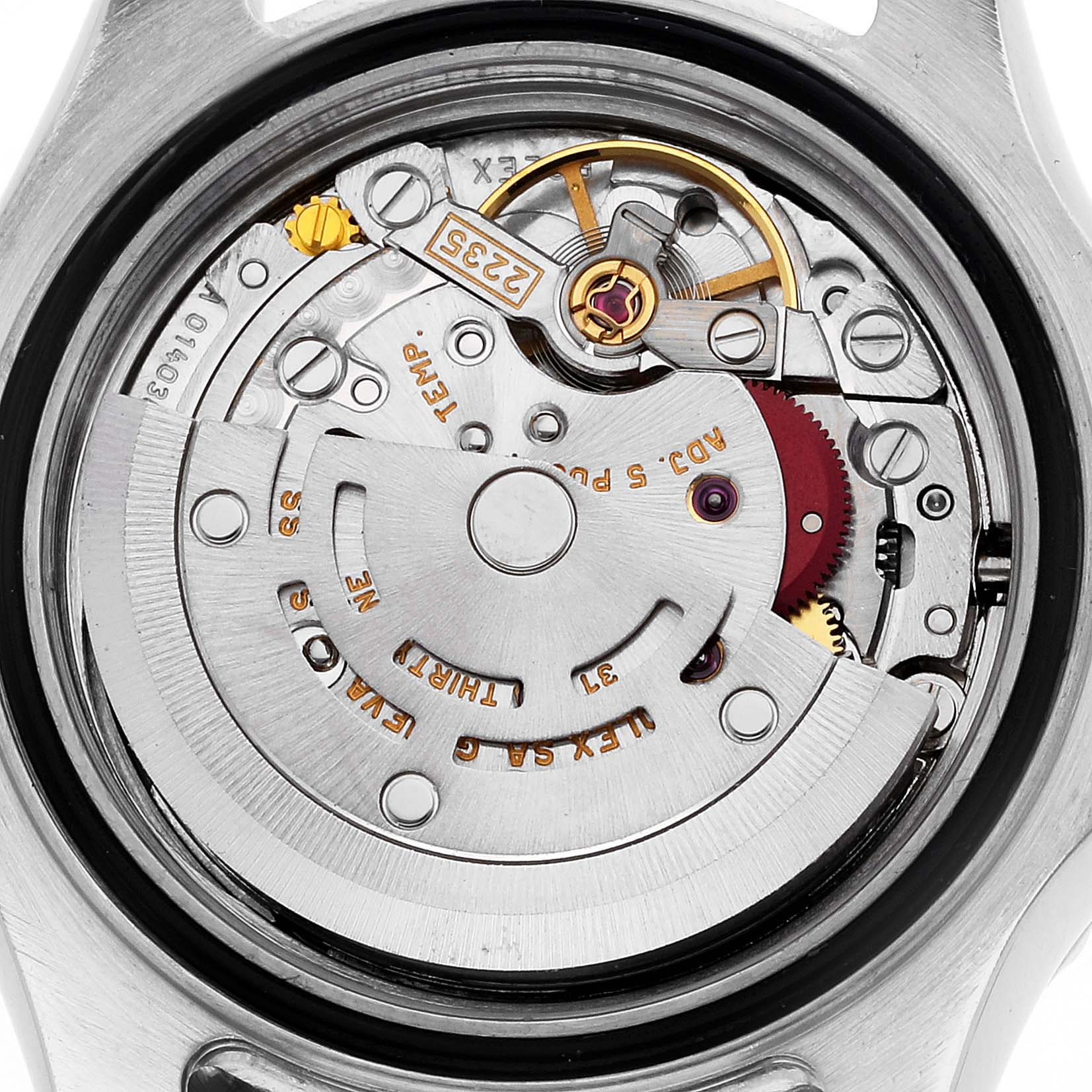 The image shows a close-up of the internal movement mechanism of a Rolex Yacht-Master 169622 Women
s Stainless Steel Silver Dial 169622 Women
s Stainless Steel Silver Dial watch.