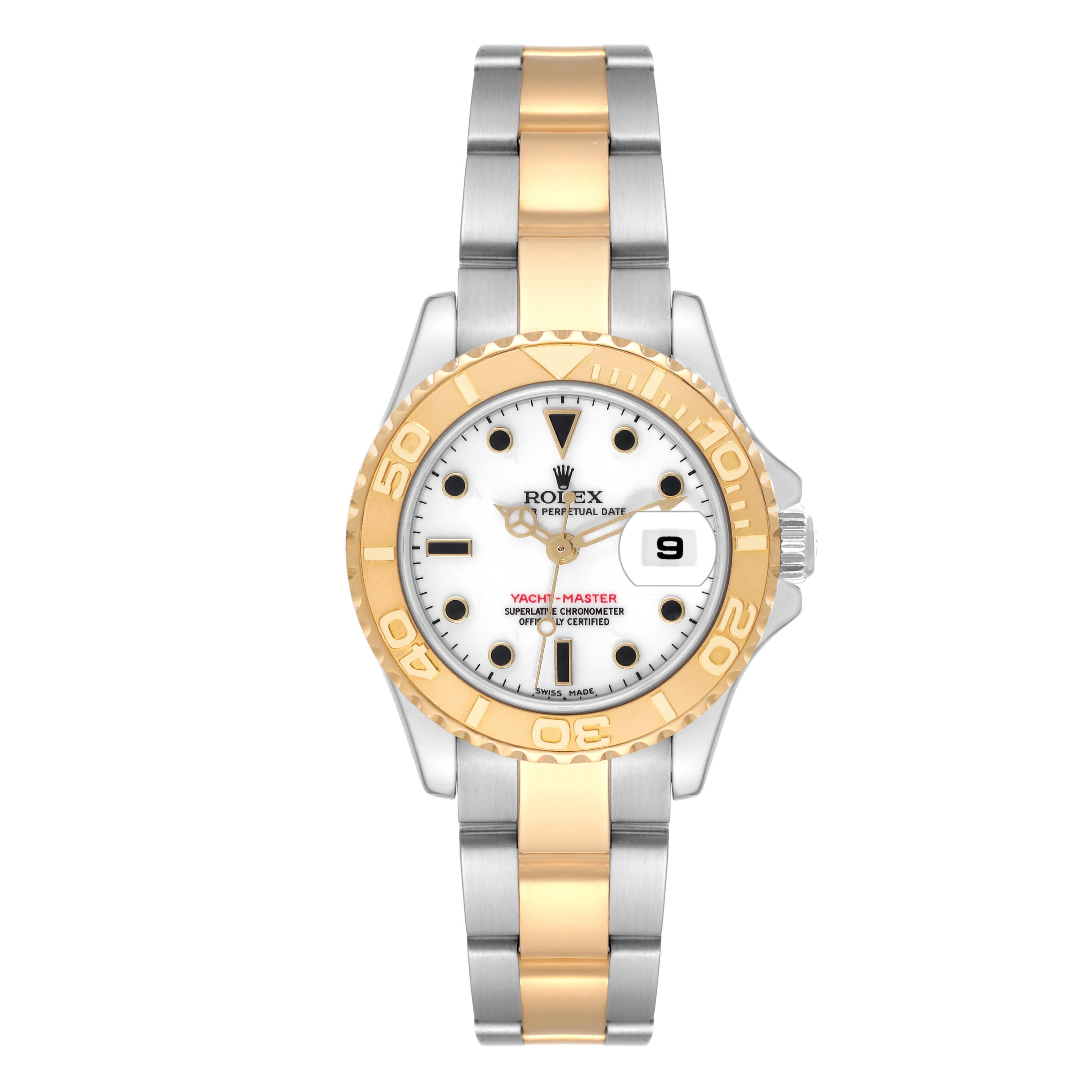 This image shows a Rolex Yacht-Master 169623 Women's Steel and Gold (two tone) White Dial 169623 Women's Steel and Gold (two tone) White Dial watch from a front angle, highlighting the face, bezel, bracelet, and crown.
