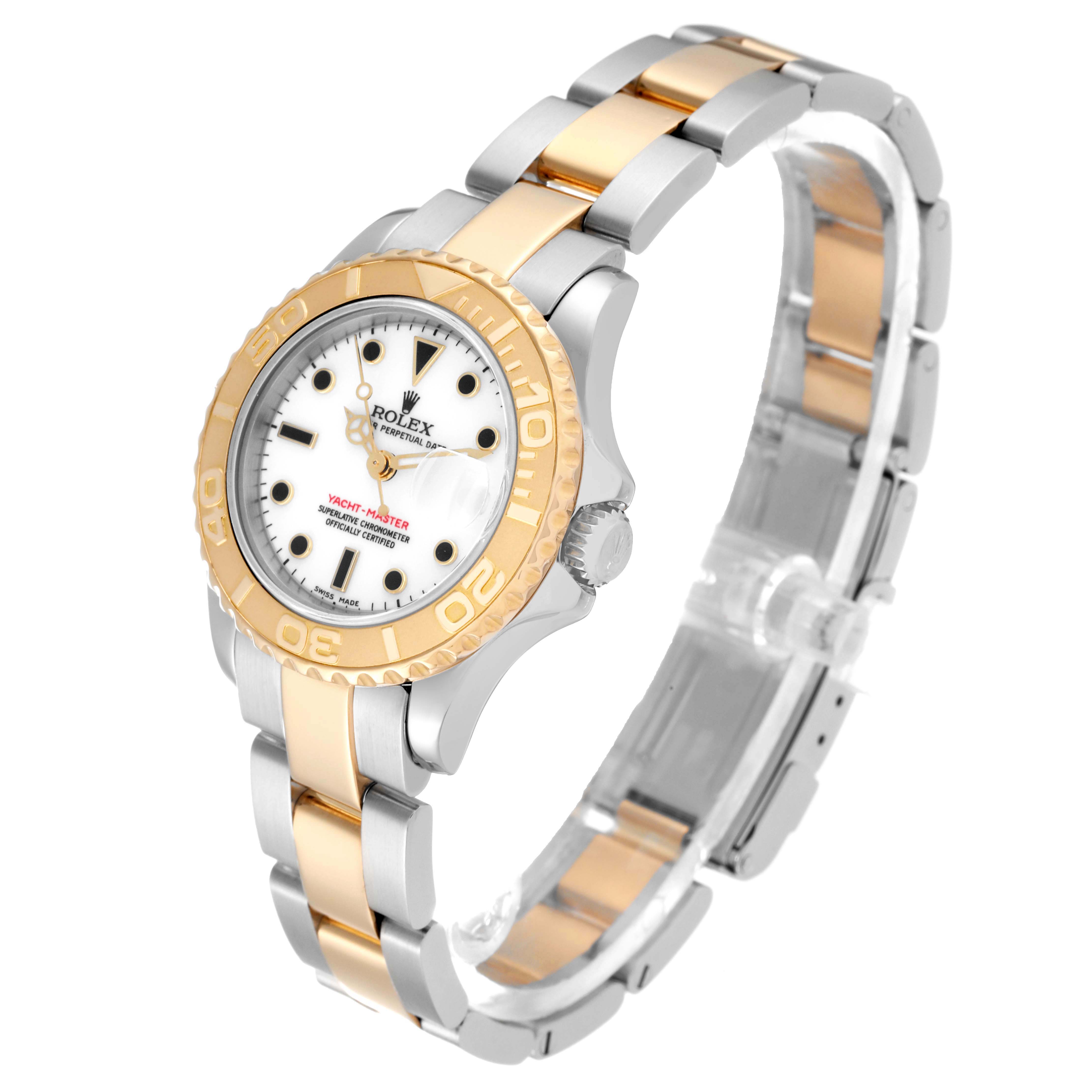 The Rolex Yacht-Master 169623 Women's Steel and Gold (two tone) White Dial 169623 Women's Steel and Gold (two tone) White Dial watch is shown from a three-quarter angle, highlighting its two-tone bracelet and bezel.