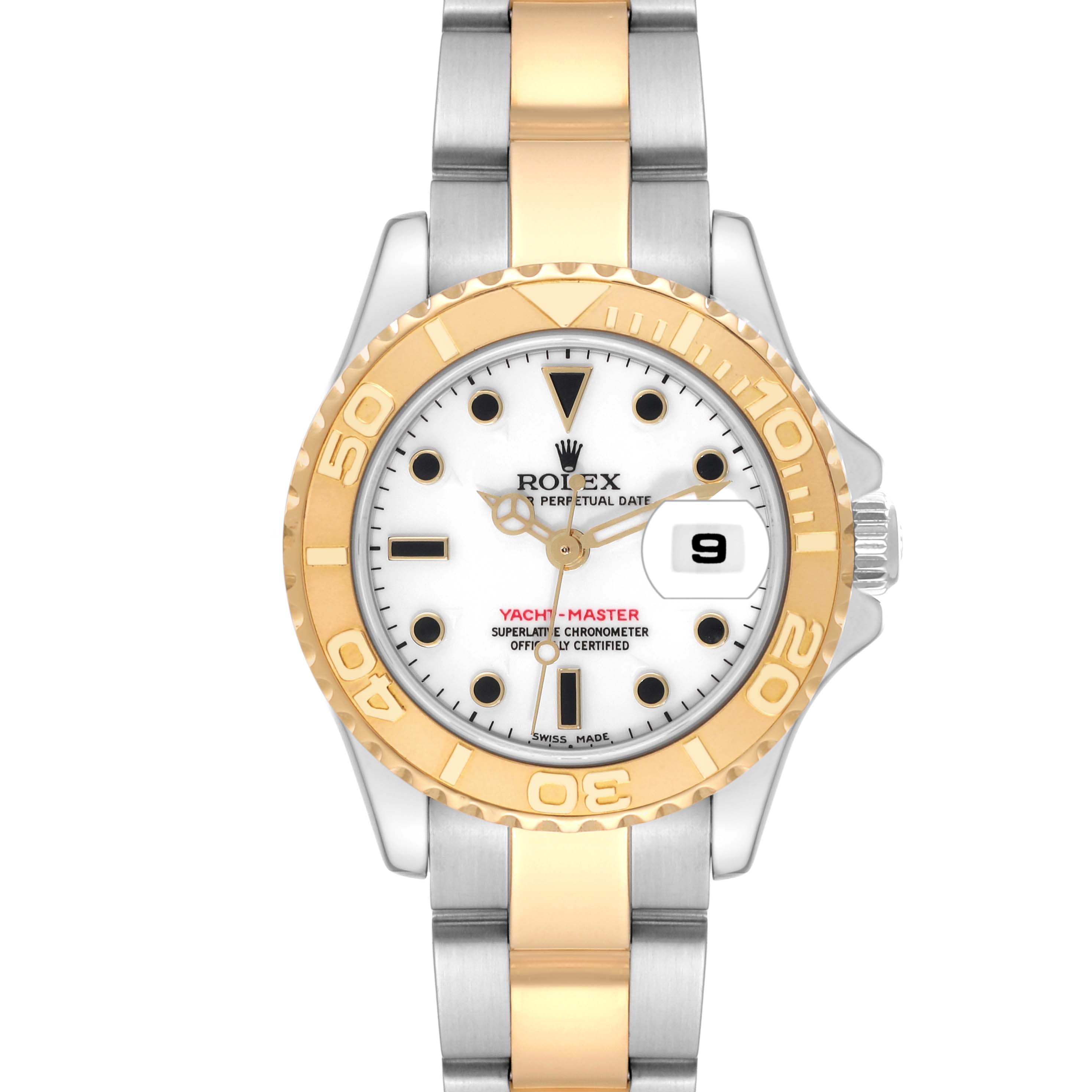 The image shows a front view of the Rolex Yacht-Master 169623 Women's Steel and Gold (two tone) White Dial 169623 Women's Steel and Gold (two tone) White Dial watch, highlighting its dial, bezel, and bracelet.