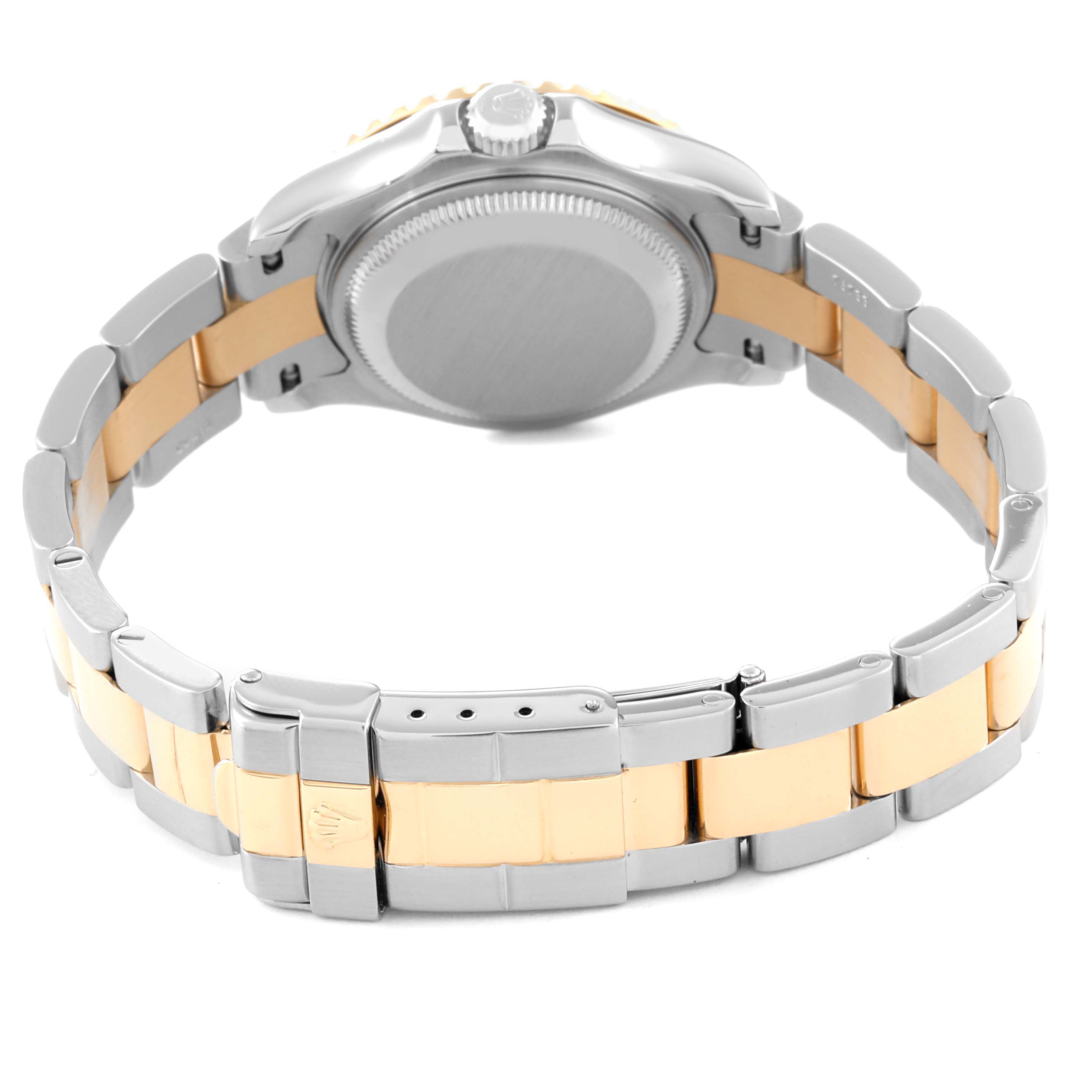 This image shows the Rolex Yacht-Master 169623 Women's Steel and Gold (two tone) White Dial 169623 Women's Steel and Gold (two tone) White Dial watch from a rear angle, highlighting the band and the caseback.