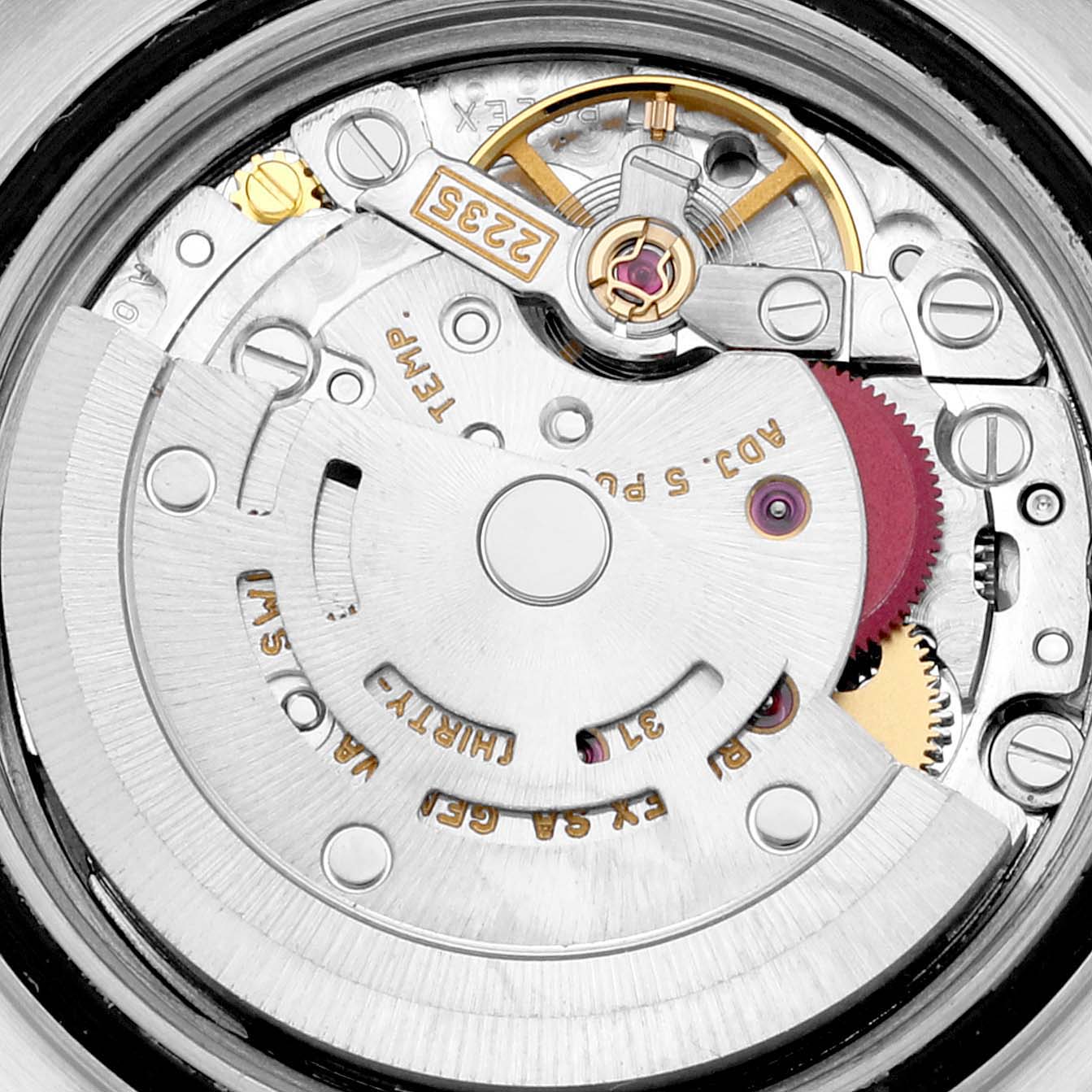This image shows a close-up view of the movement mechanism inside the Rolex Yacht-Master 169623 Women's Steel and Gold (two tone) White Dial 169623 Women's Steel and Gold (two tone) White Dial watch.