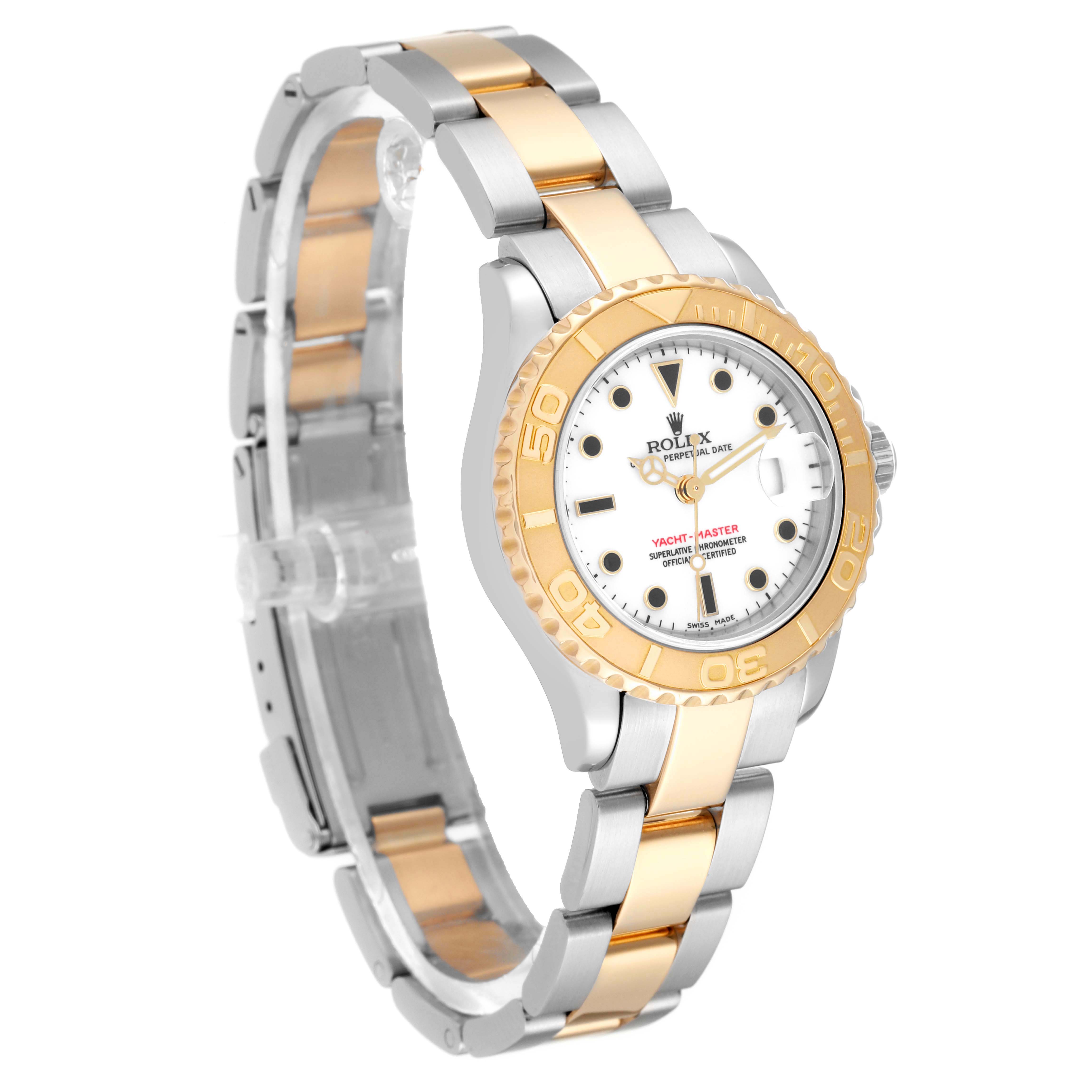 The image shows a Rolex Yacht-Master 169623 Women's Steel and Gold (two tone) White Dial 169623 Women's Steel and Gold (two tone) White Dial watch at a three-quarter angle, highlighting the two-tone bracelet and bezel.