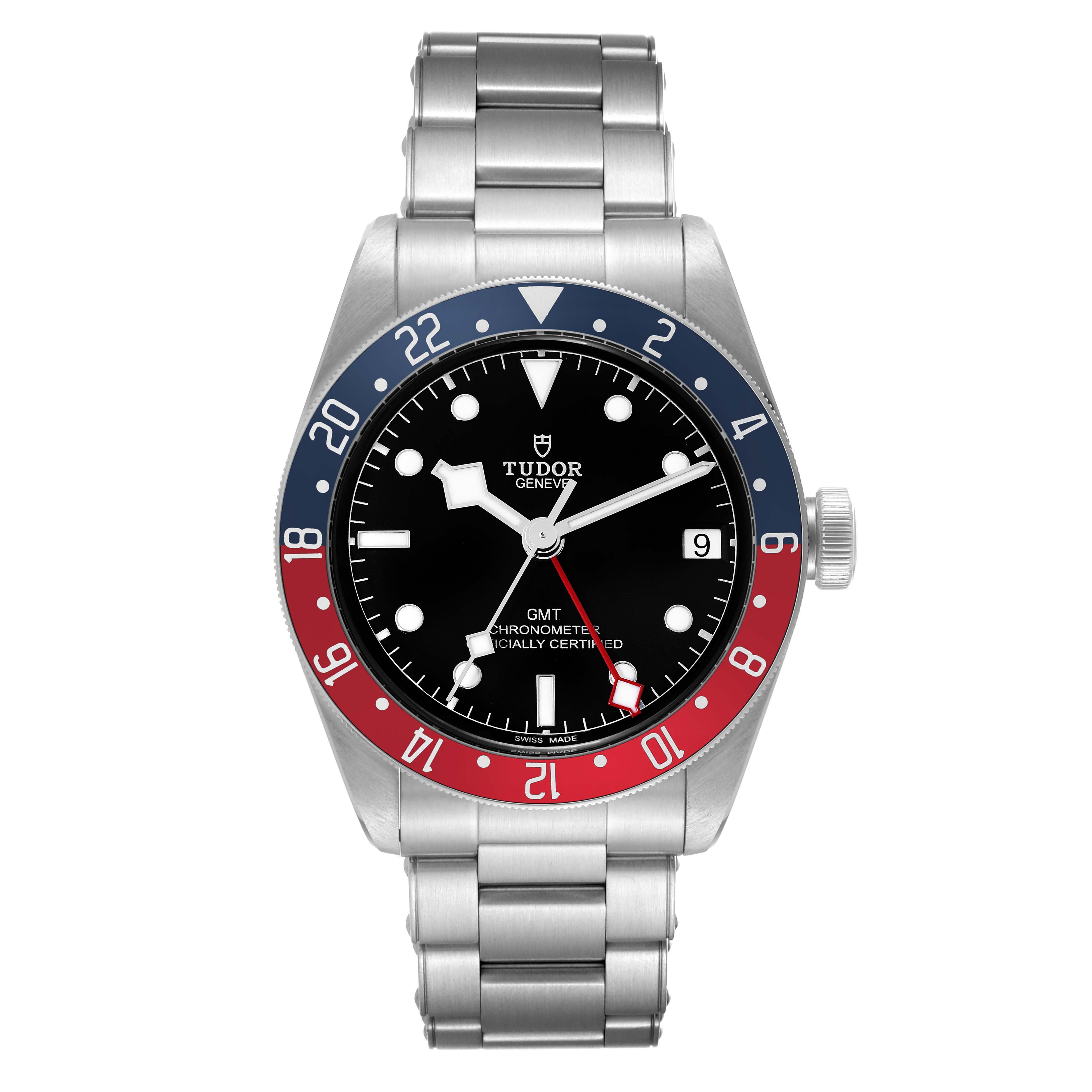 This image shows the Tudor Heritage Black Bay 79830RB Men
s Stainless Steel Black Dial 79830RB Men
s Stainless Steel Black Dial watch from a front angle, highlighting the dial, bezel, and bracelet.