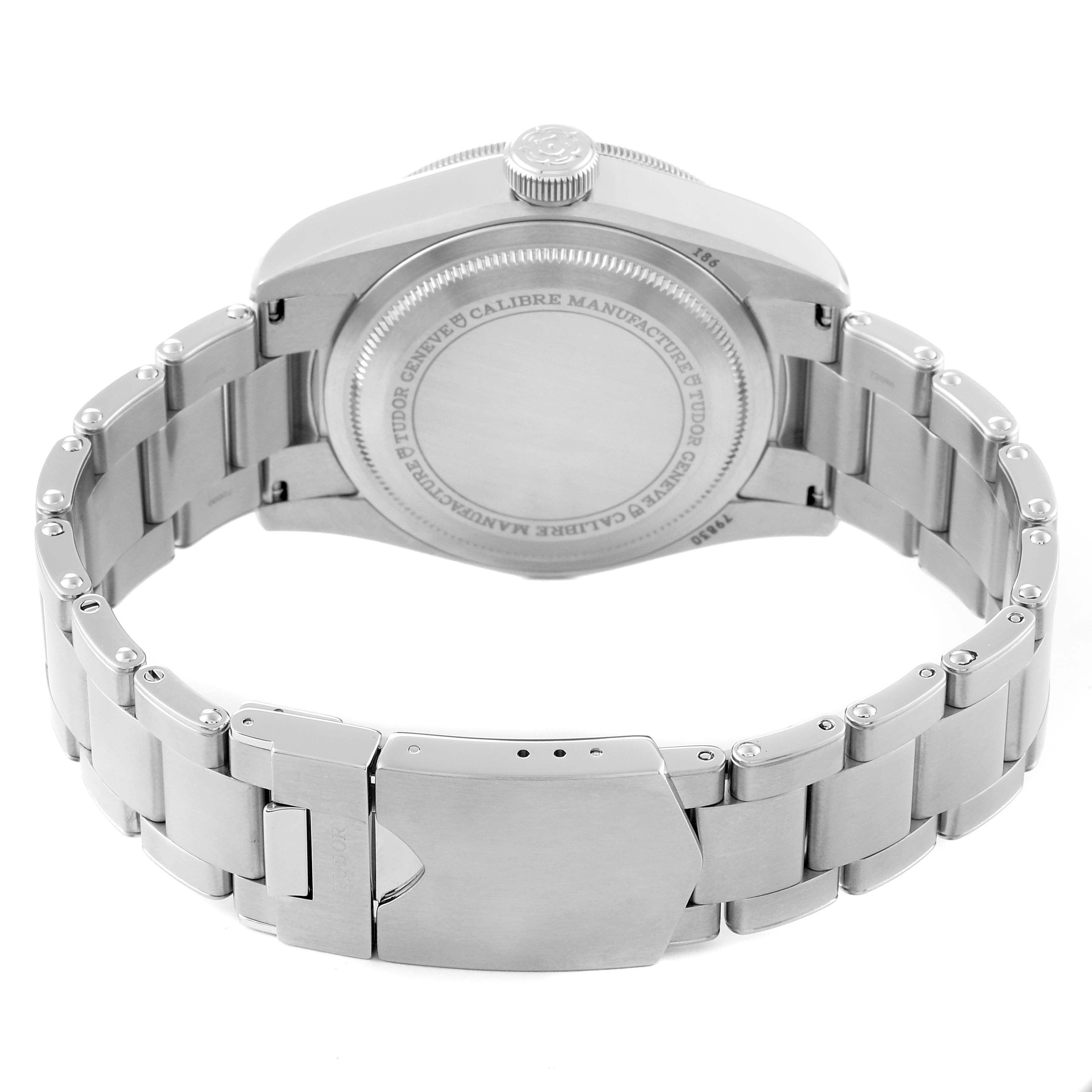 This image shows the back view of the Heritage Black Bay watch by Tudor, highlighting the case back and the stainless steel bracelet.