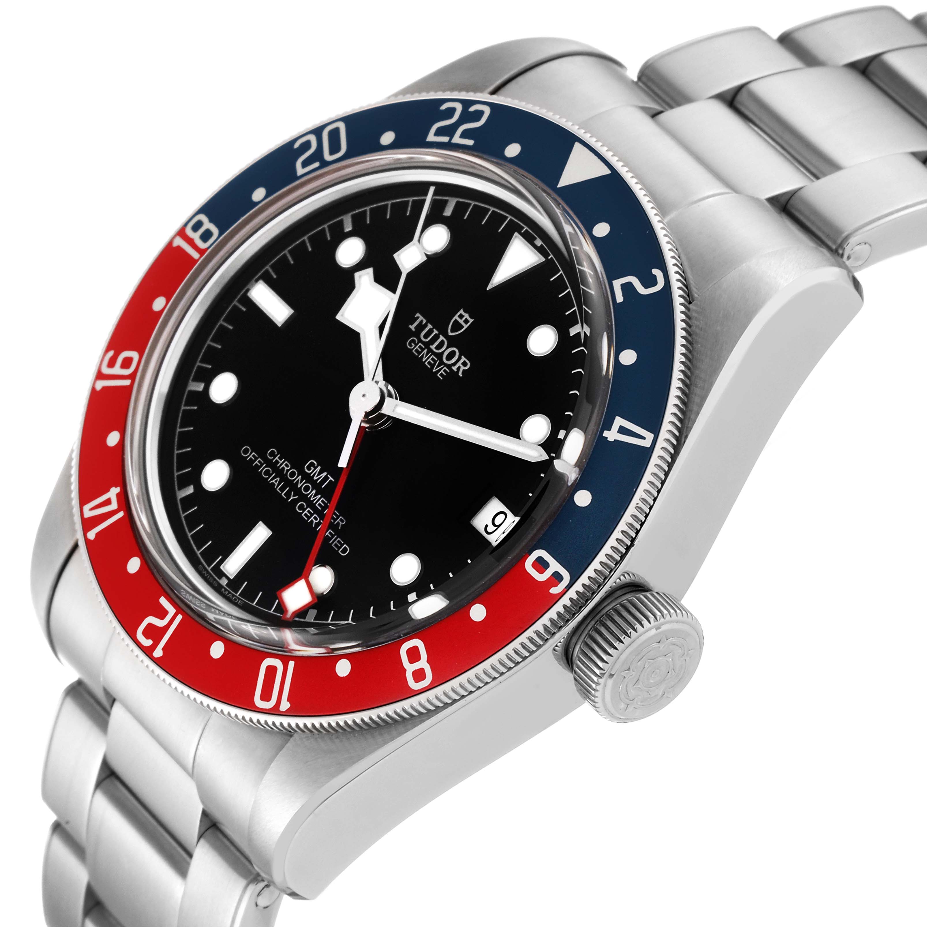 The Tudor Heritage Black Bay 79830RB Men
s Stainless Steel Black Dial 79830RB Men
s Stainless Steel Black Dial watch is shown at a three-quarter angle highlighting its dial, bezel, crown, and part of the bracelet.