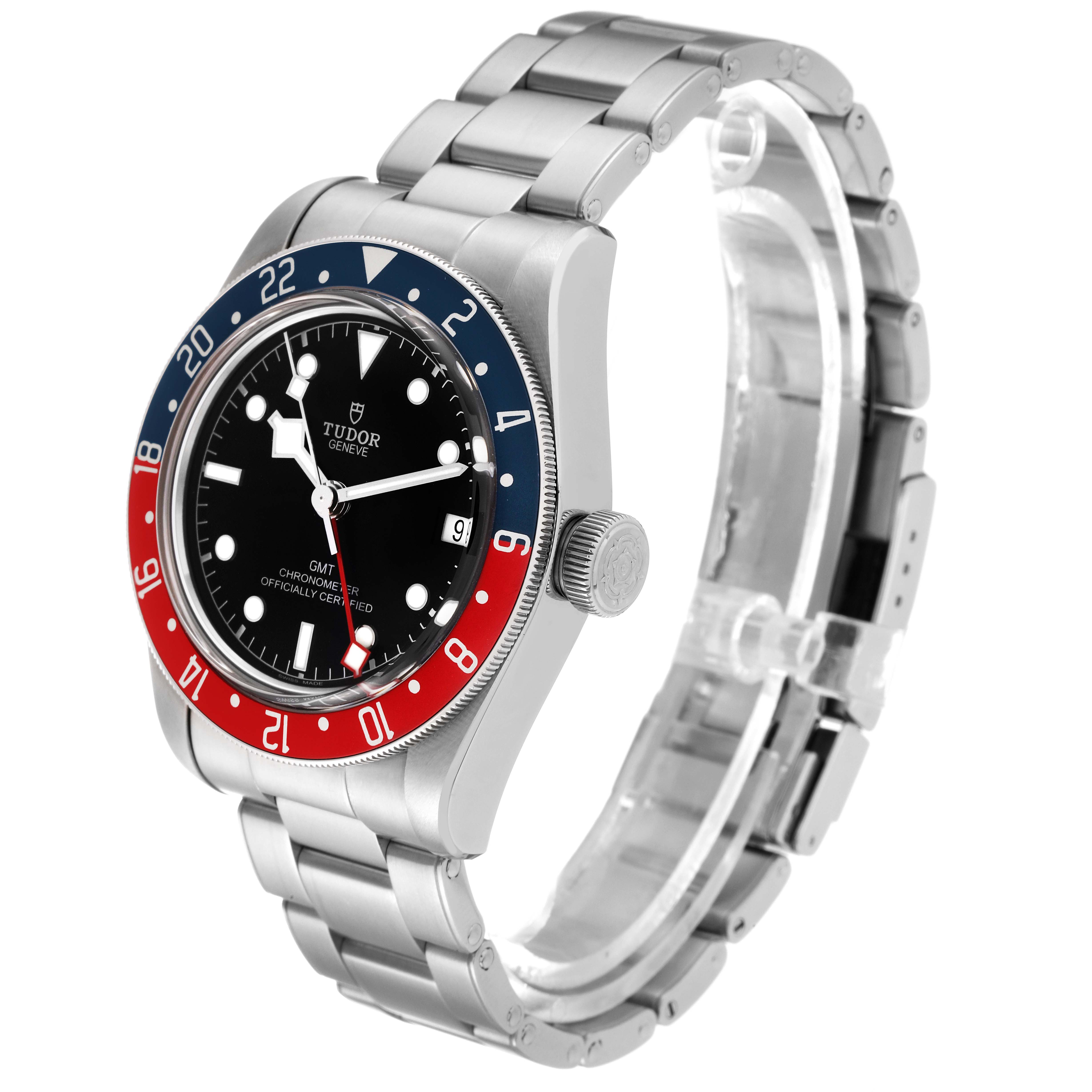 The image shows a Tudor Heritage Black Bay 79830RB Men
s Stainless Steel Black Dial 79830RB Men
s Stainless Steel Black Dial watch from a side angle, highlighting the watch face, crown, and metal bracelet.